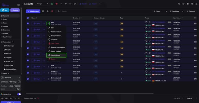 Cookie automation — Account sessions | Afina Browser