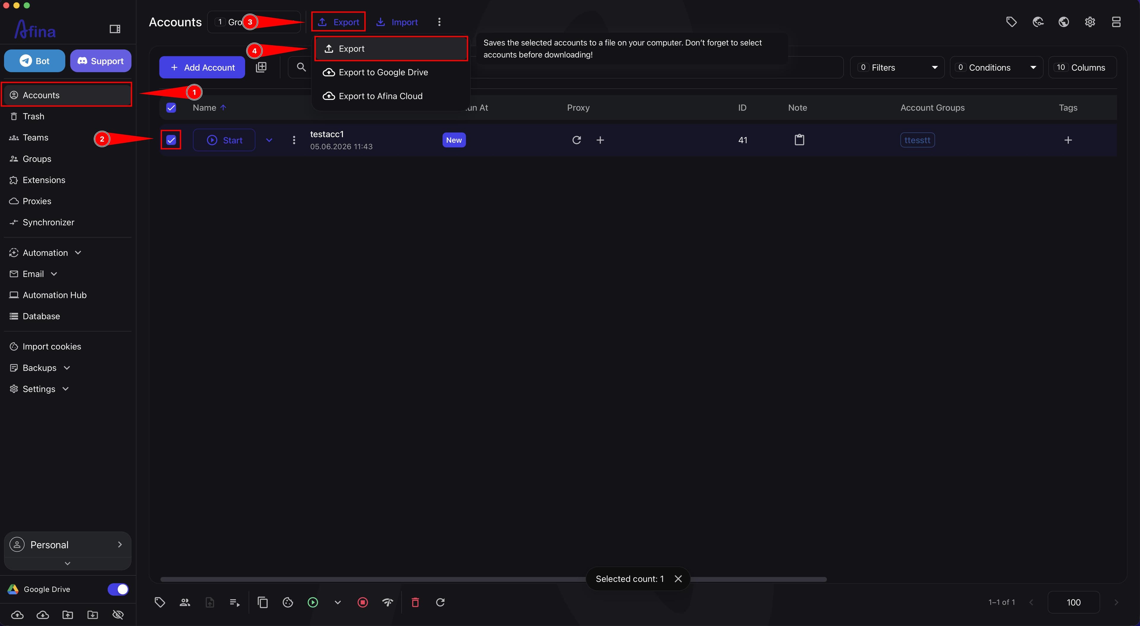 Export button menu in the Accounts section