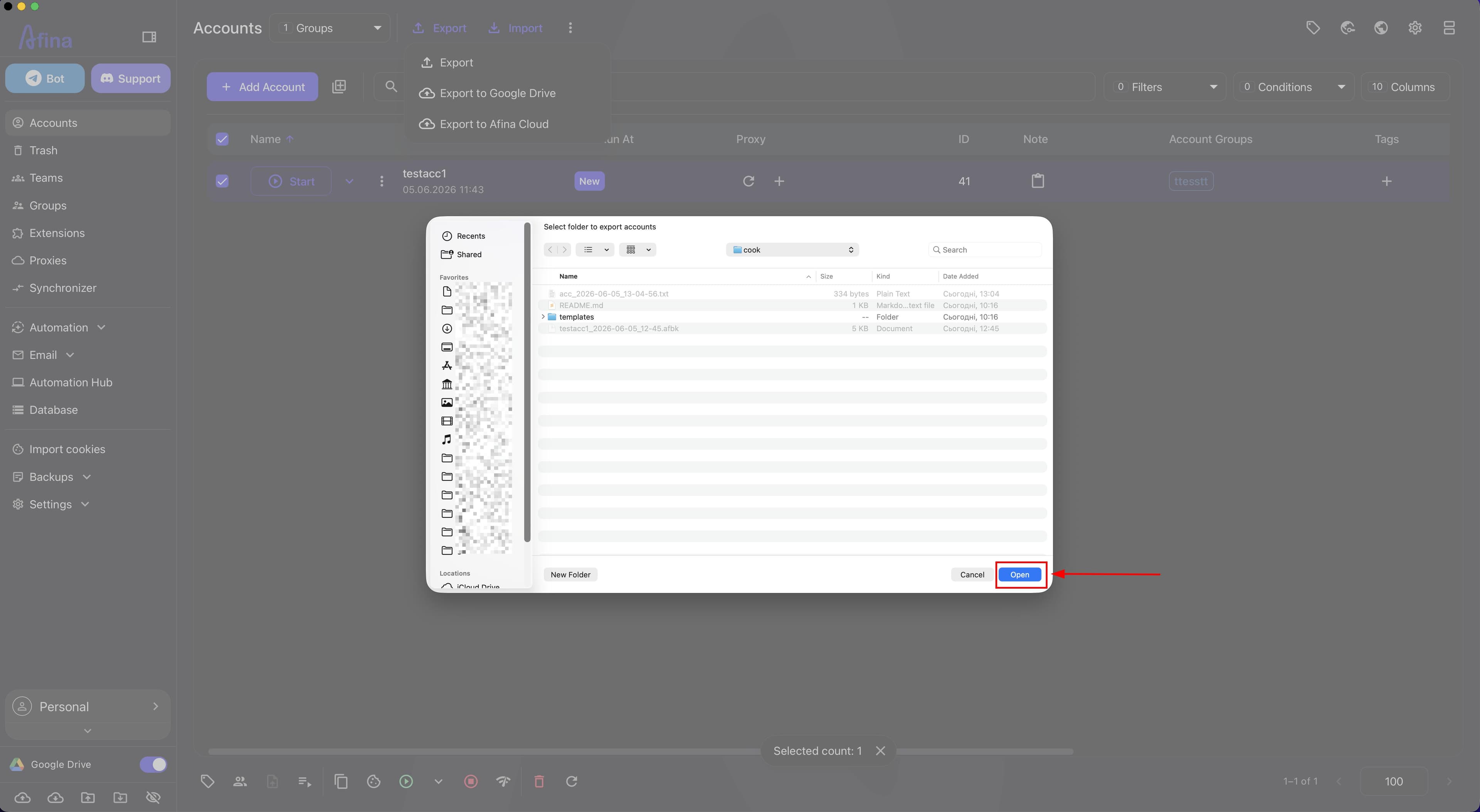 Select folder to export accounts system window