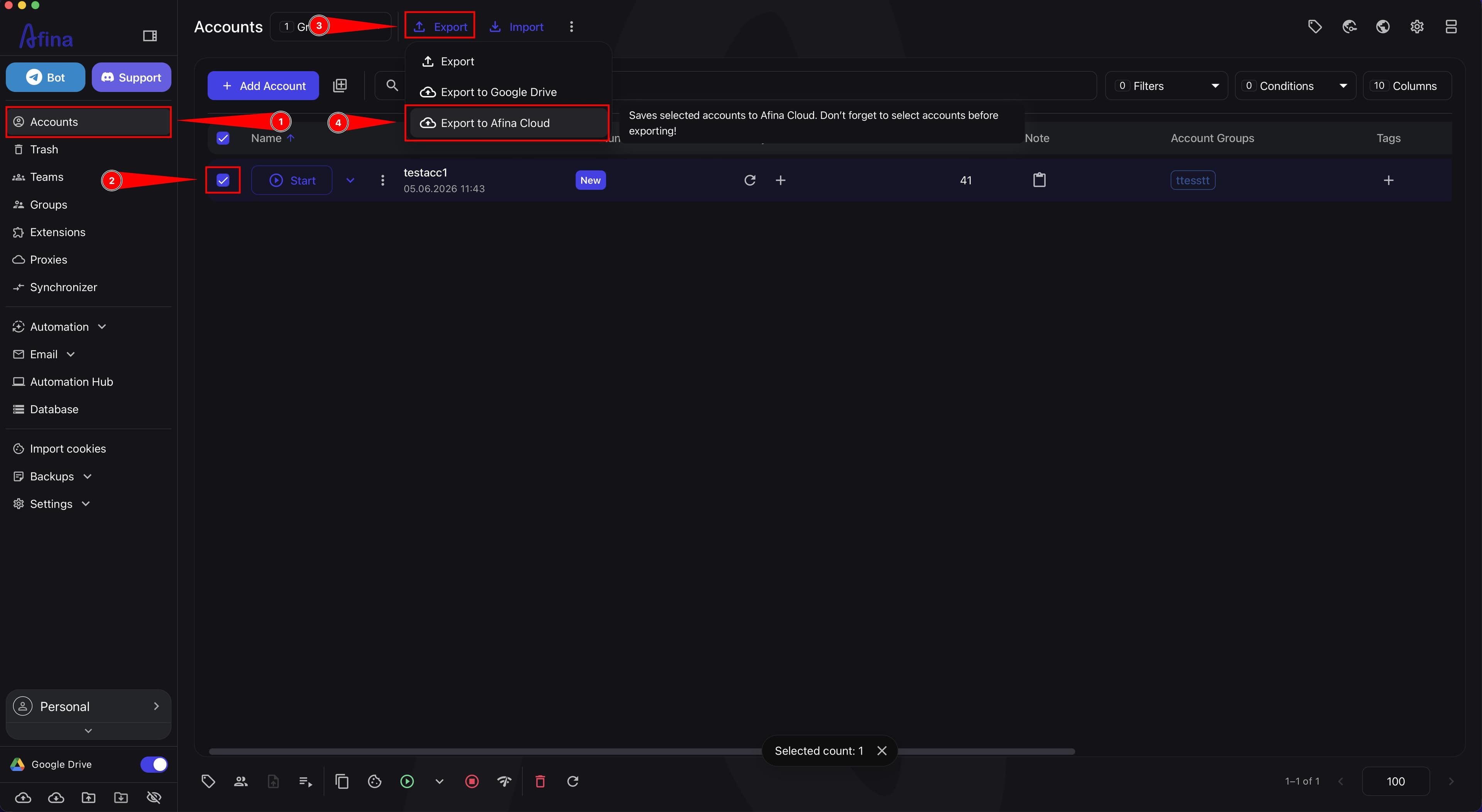 Export menu with Export to Afina Cloud item