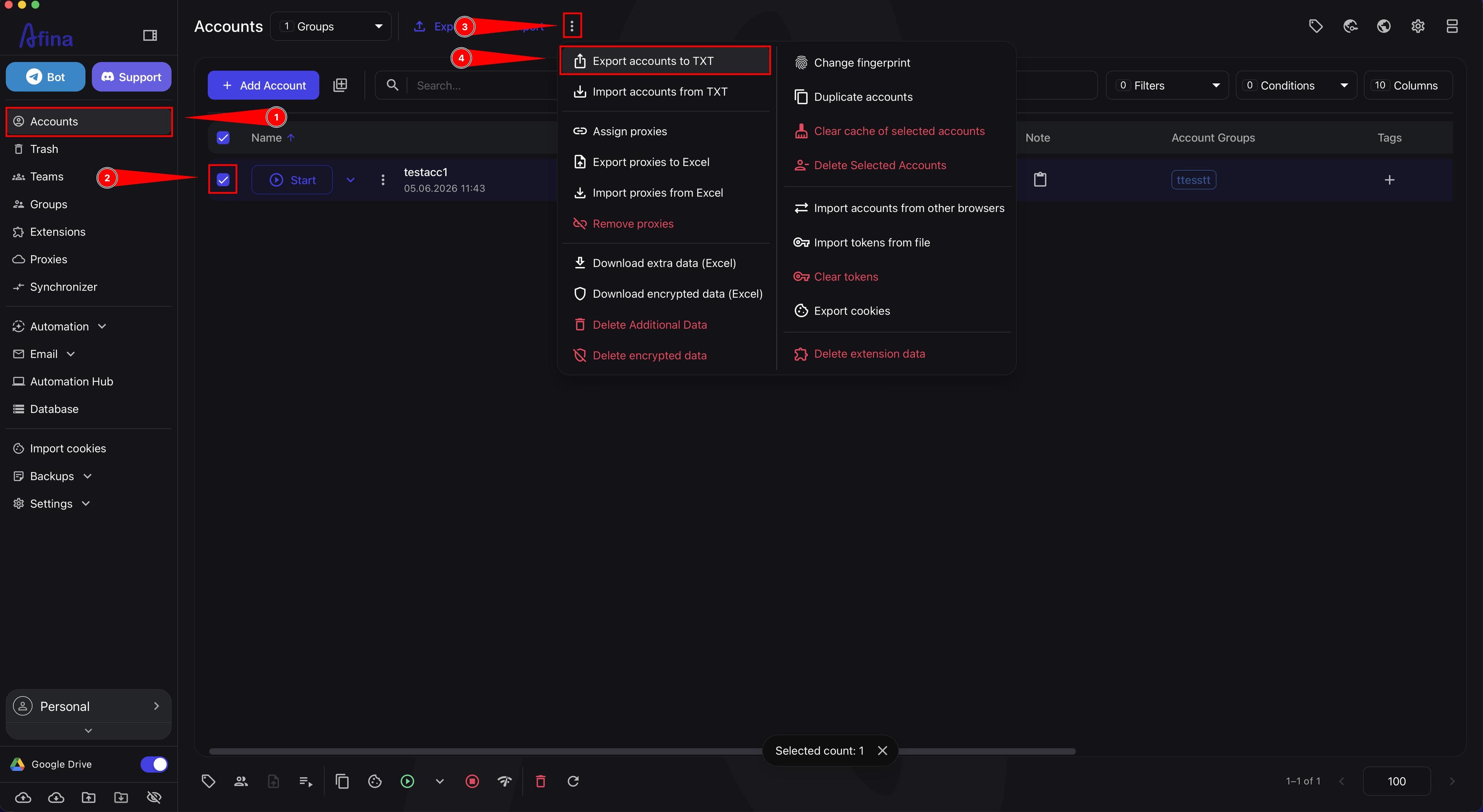 Additional actions menu with Export accounts to TXT command
