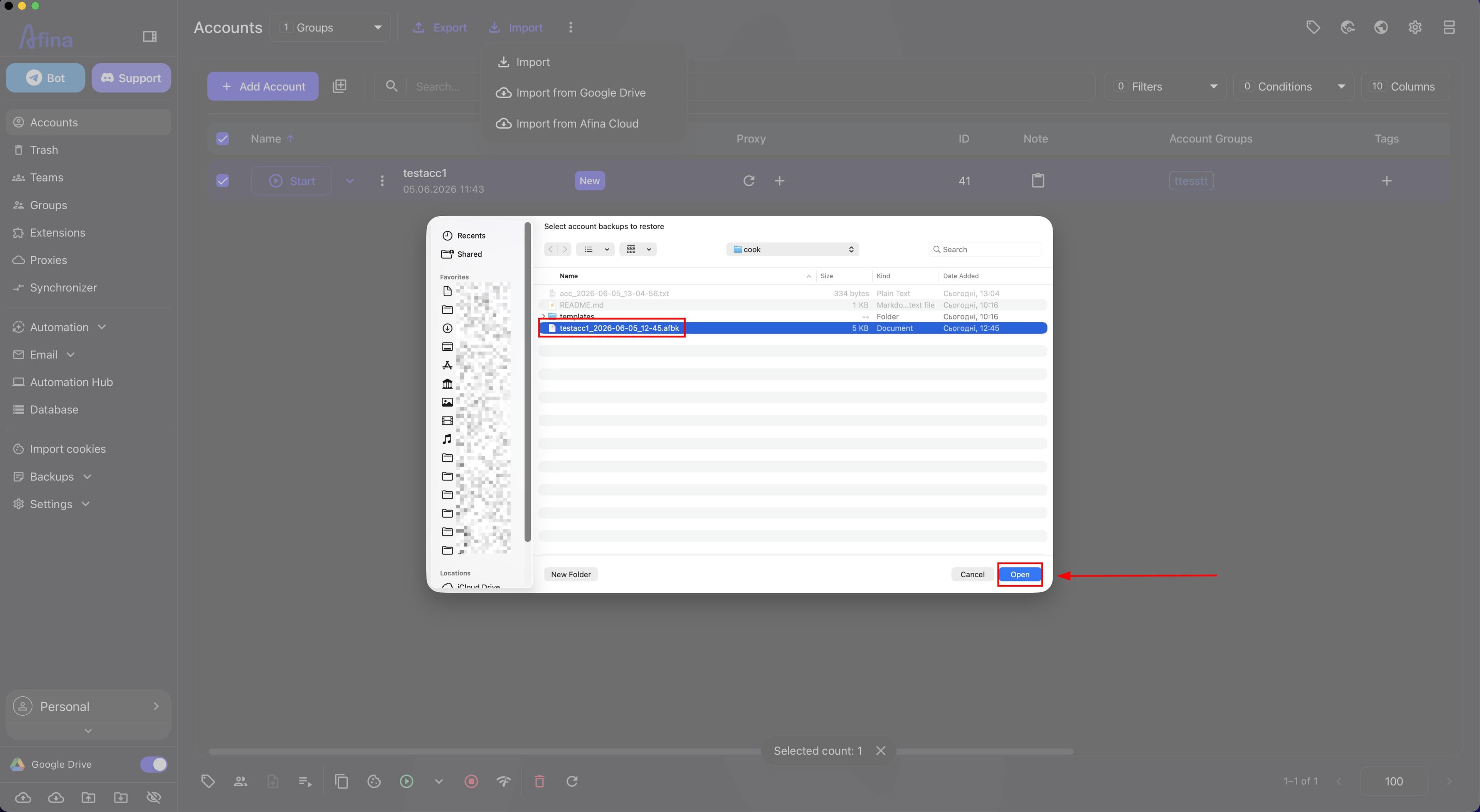 Select account archives to restore system window