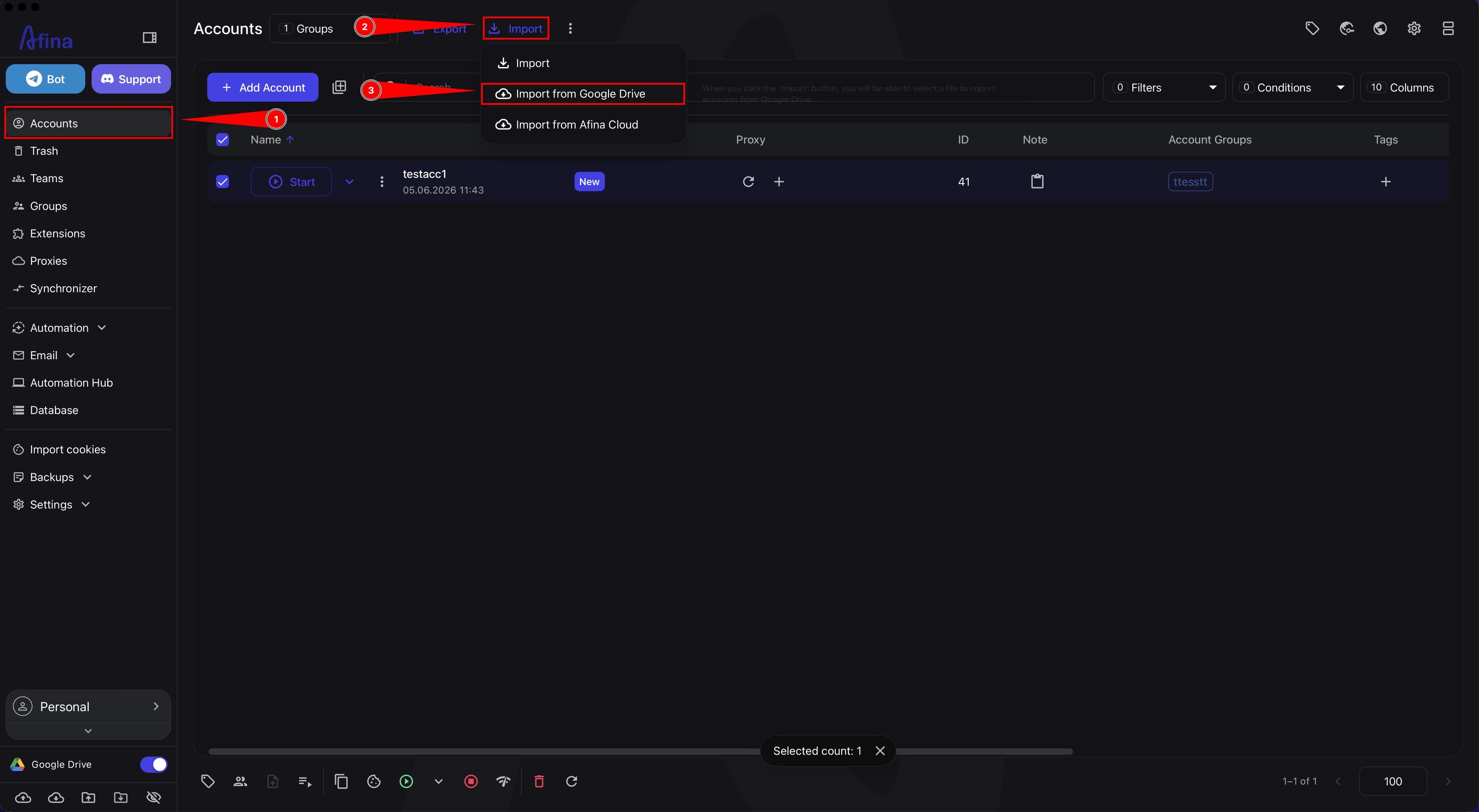 Import Profiles from Google Drive window