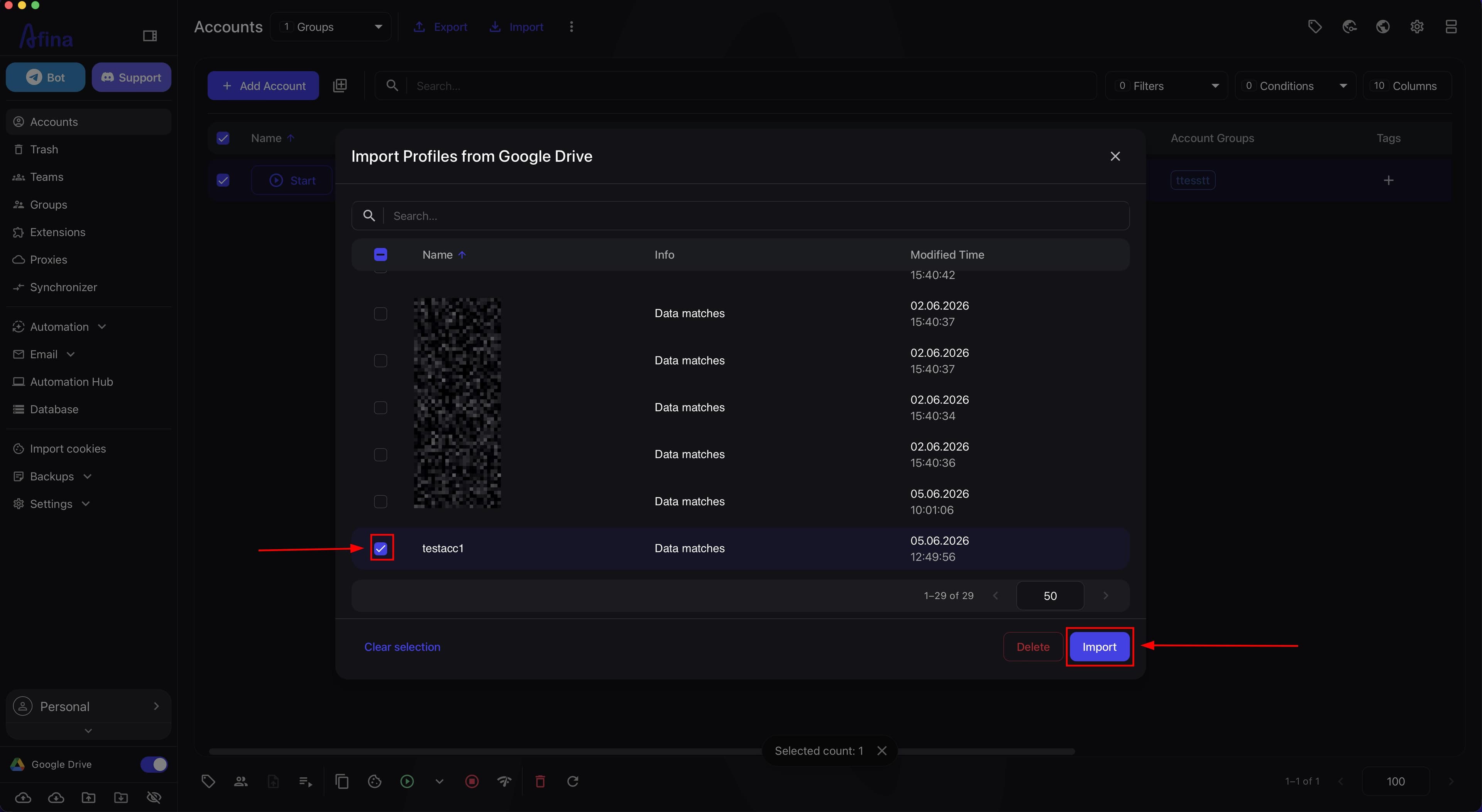 Import Profiles from Google Drive window