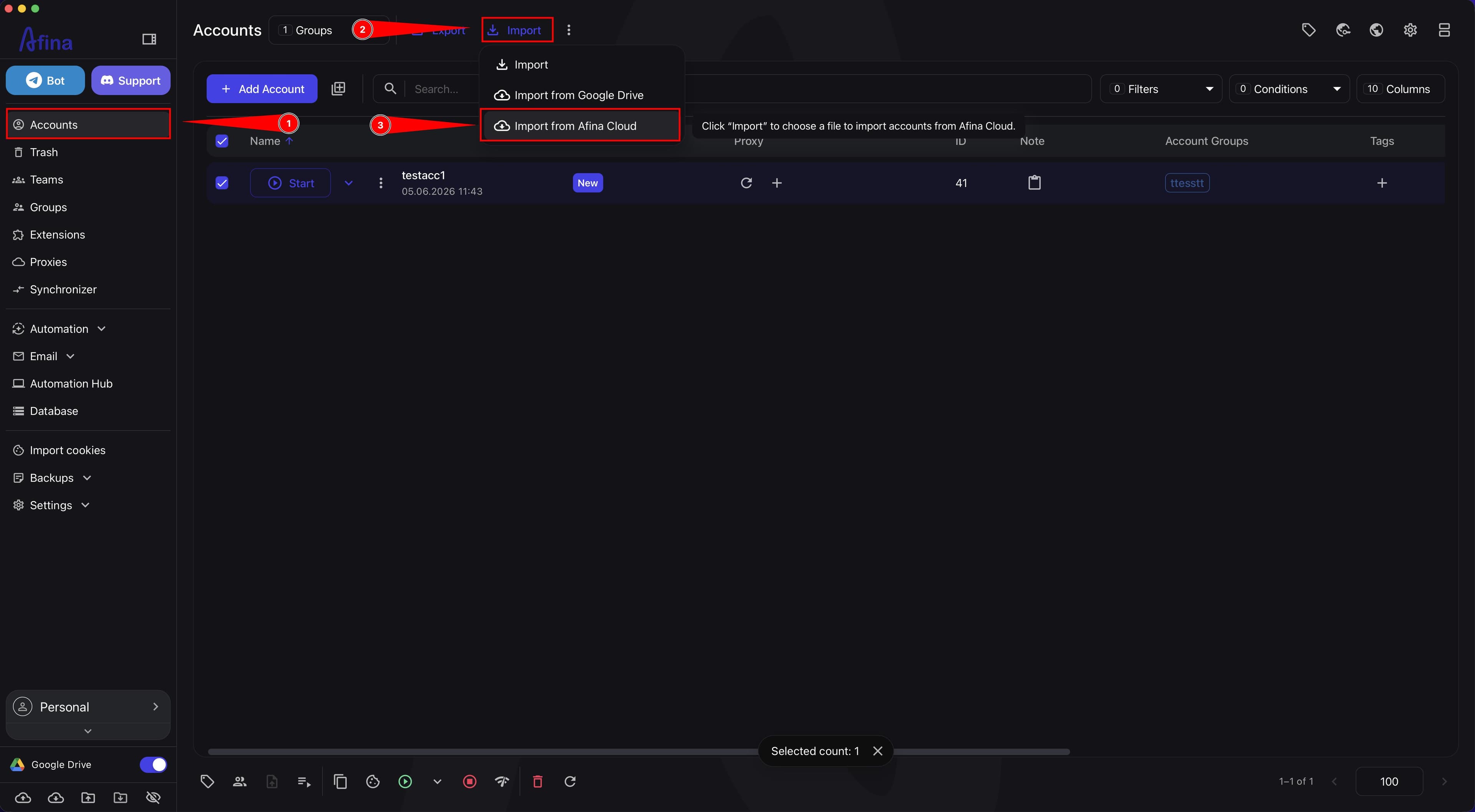 Import profiles from Afina Cloud window