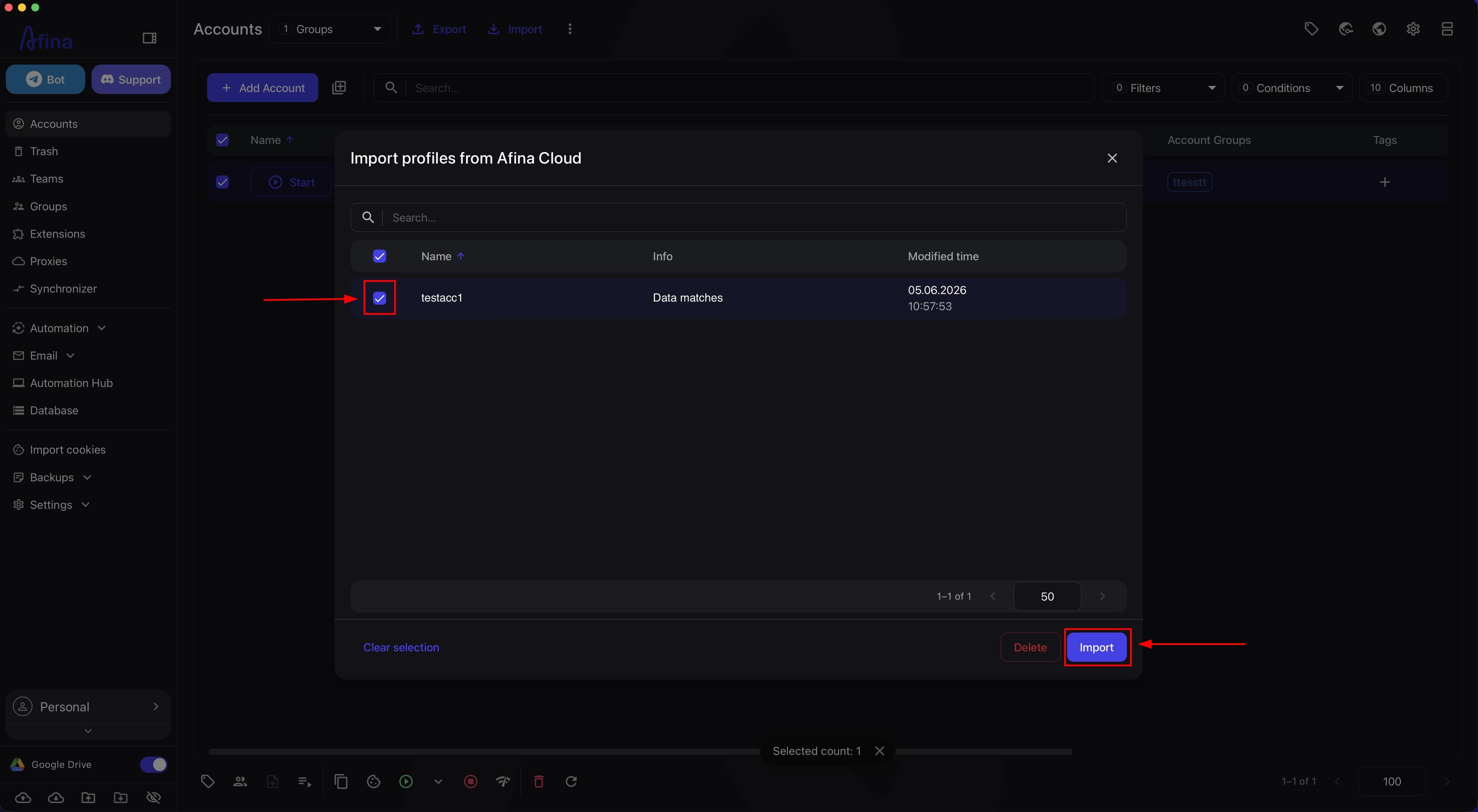 Import profiles from Afina Cloud window