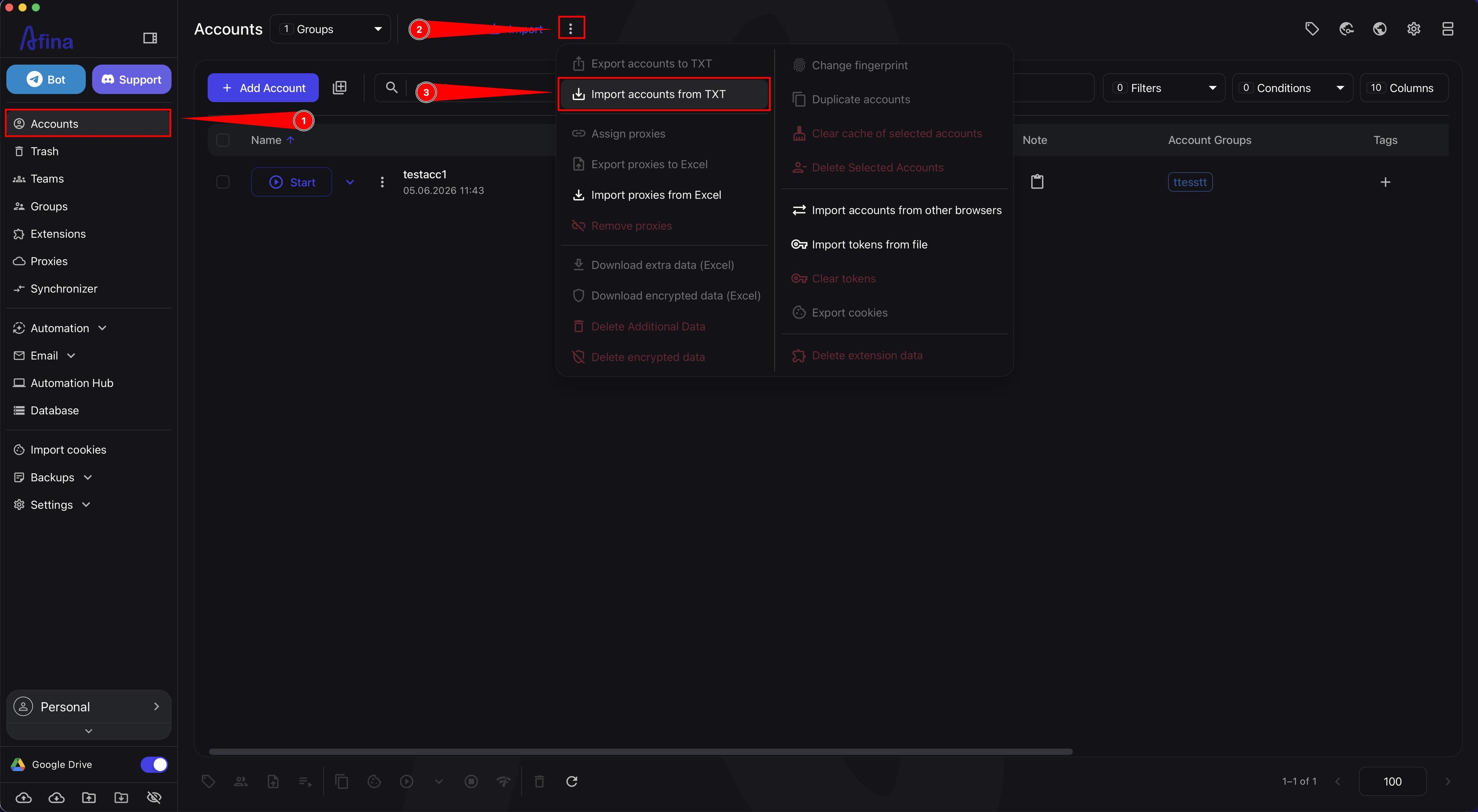 Additional actions menu with Import accounts from TXT item