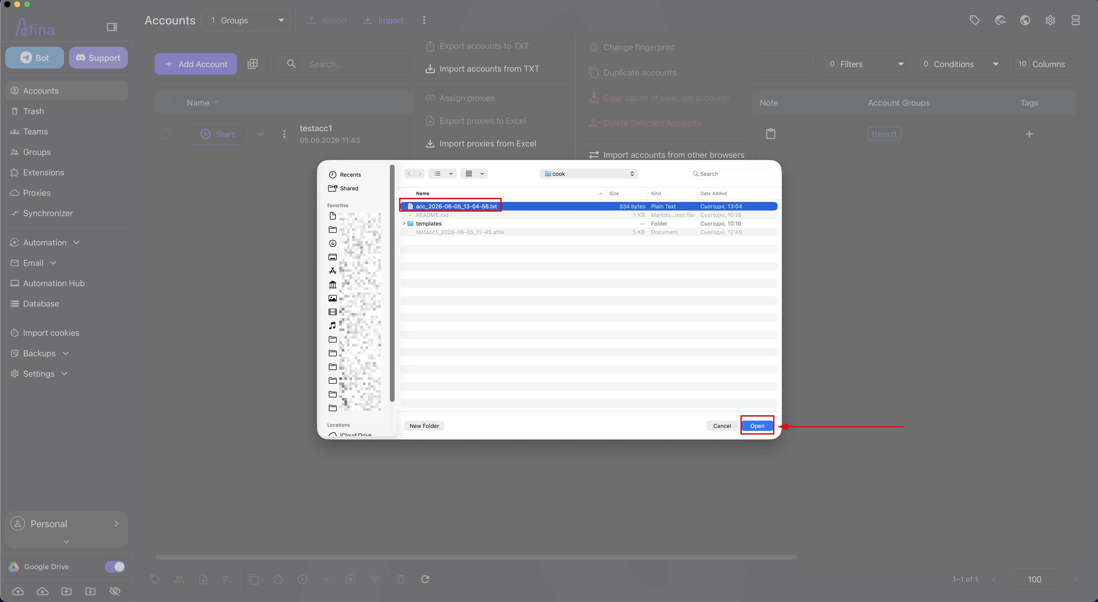 Additional actions menu with Import accounts from TXT item