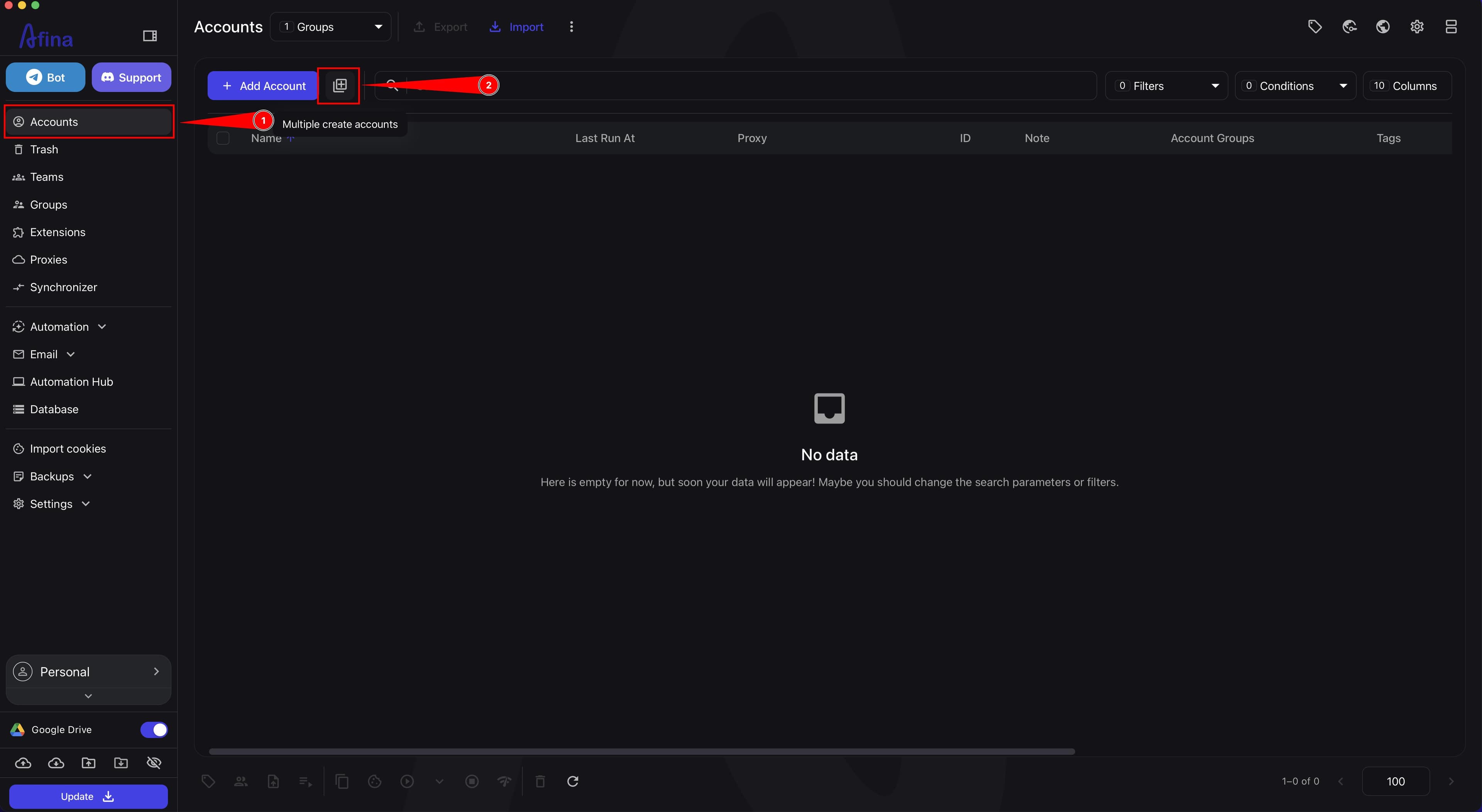Accounts section with the bulk creation icon next to the "Add account" button