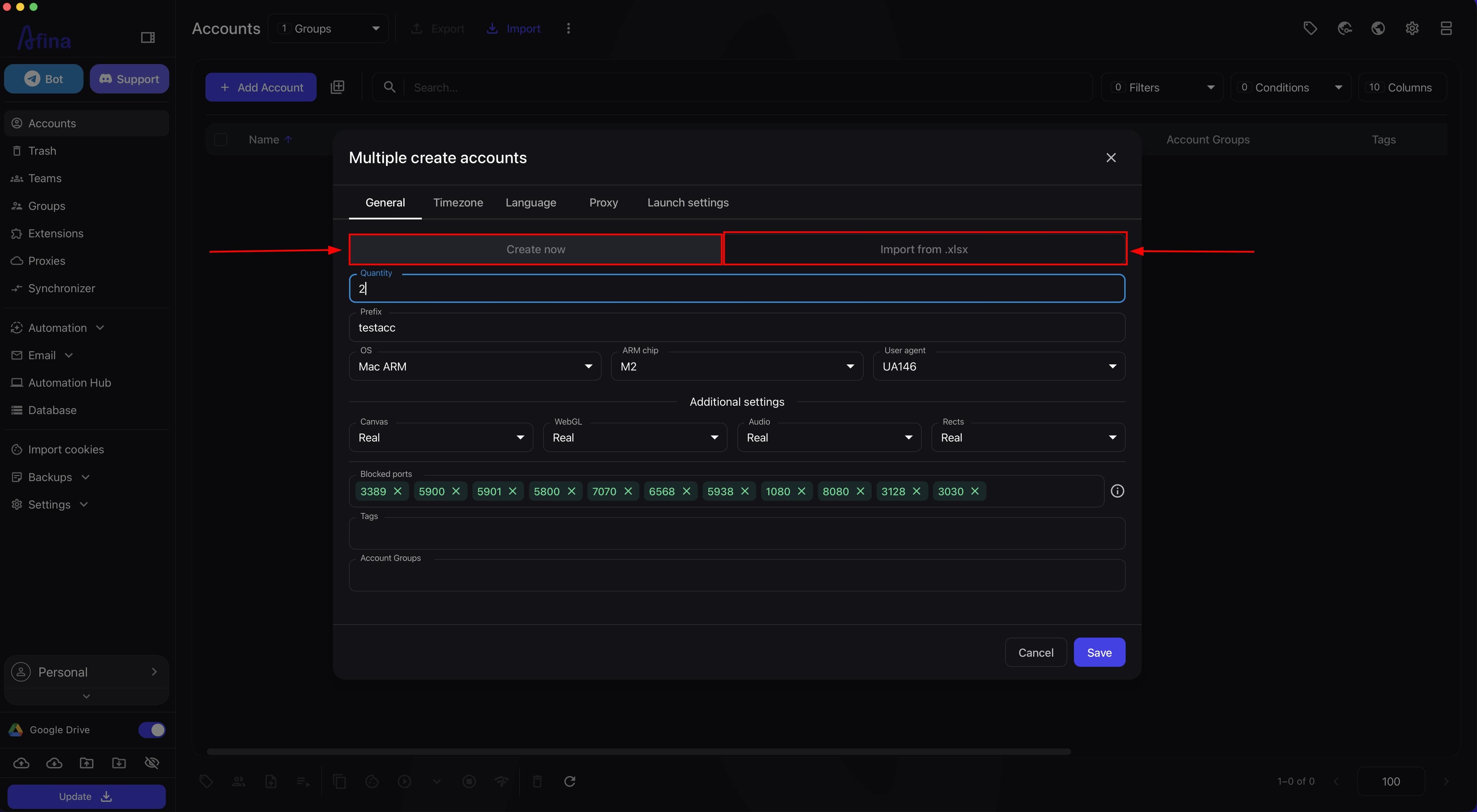 Multiple create accounts window with two modes: "Create now" and "Import from .xlsx"