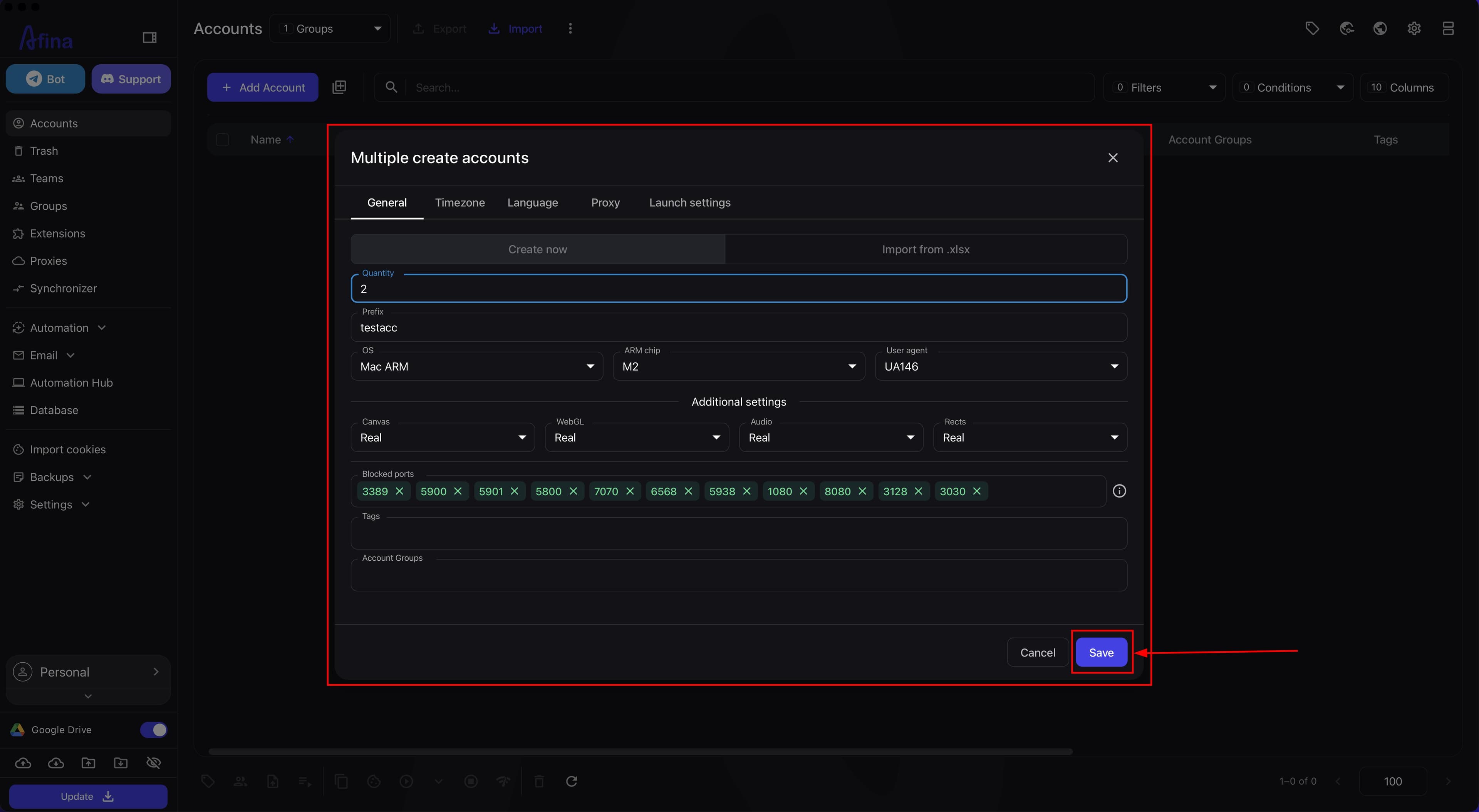 Multiple create accounts window in Create now mode with main fields and the Save button