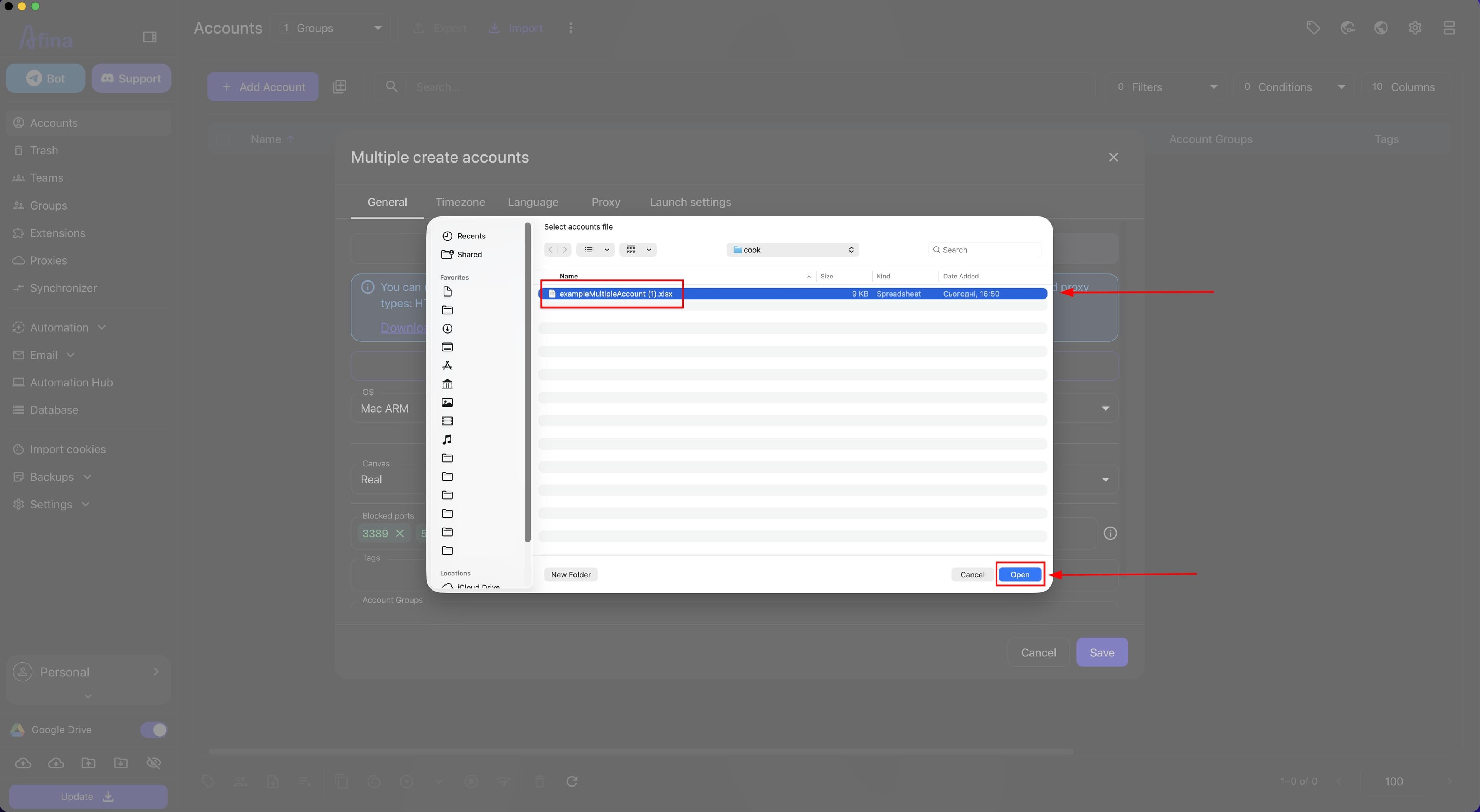 Import window with the file already uploaded, file name, and account count