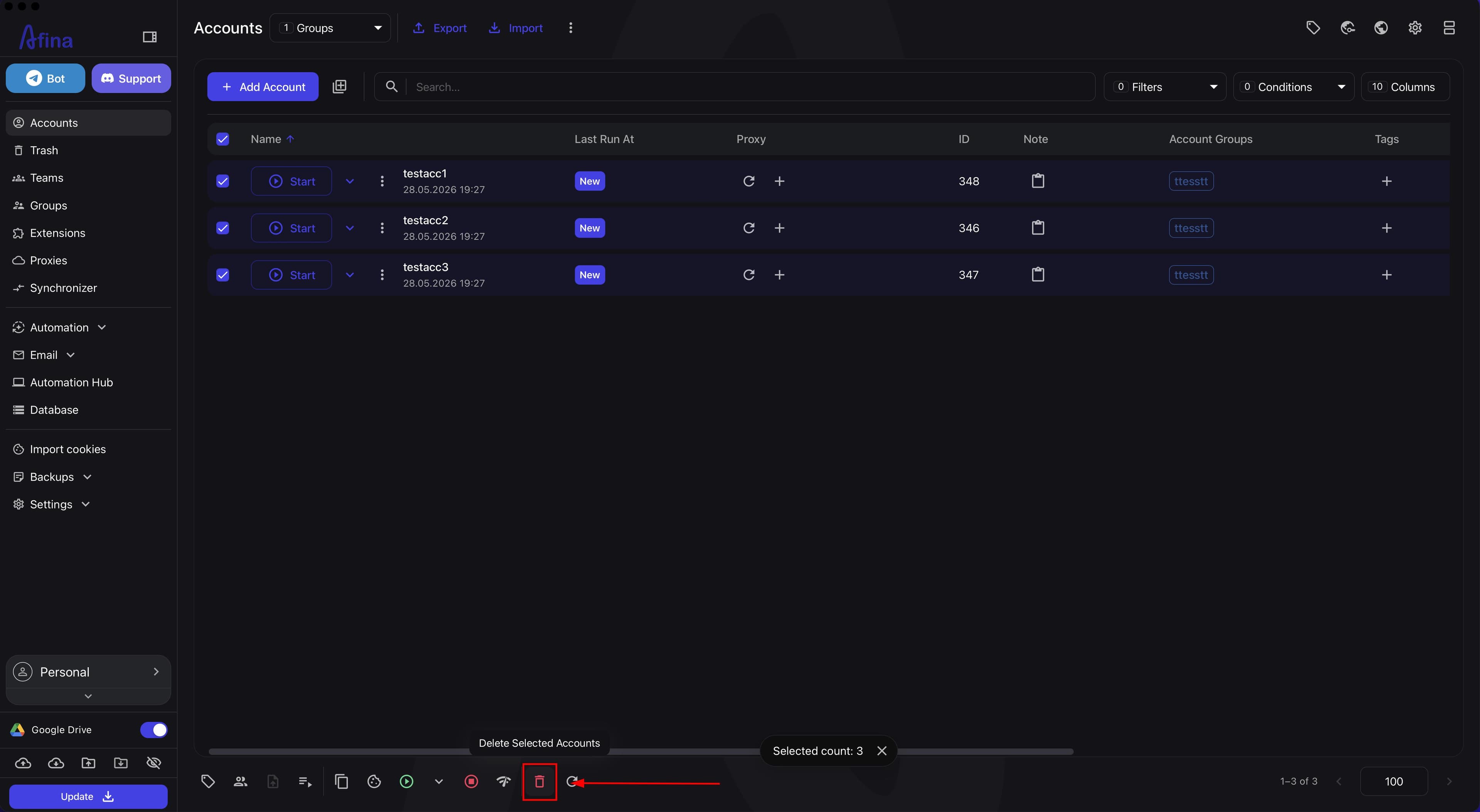 Bottom action panel with the trash icon for deleting selected accounts