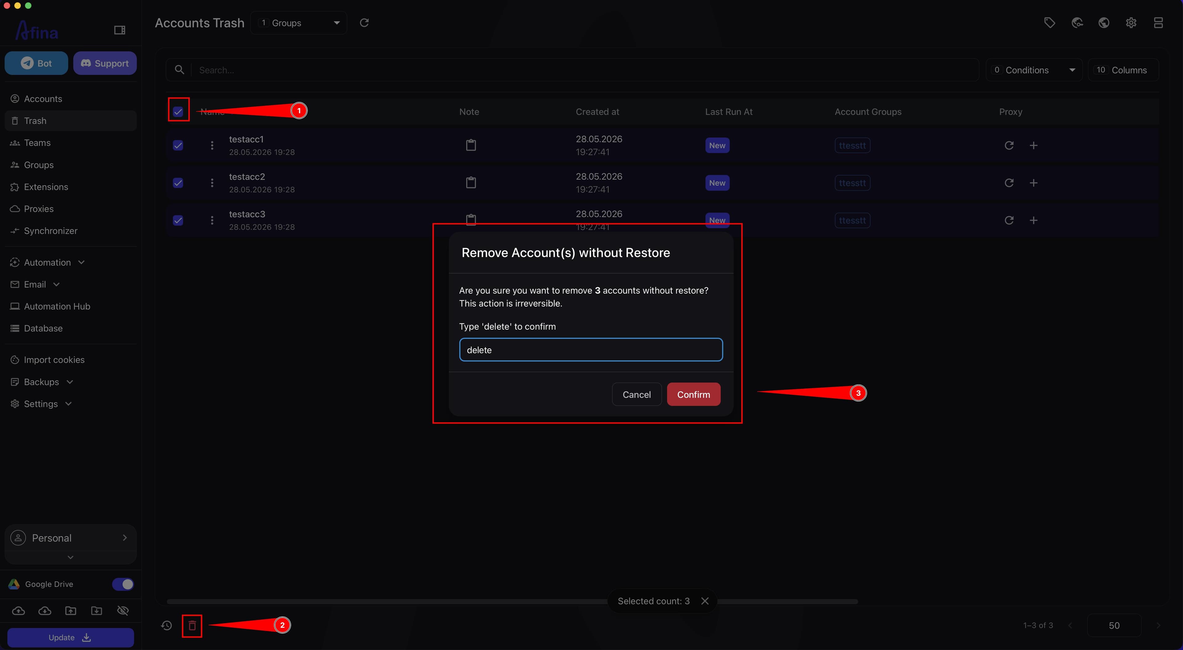 Permanent deletion confirmation modal window with the "delete" input field and the "Confirm" button