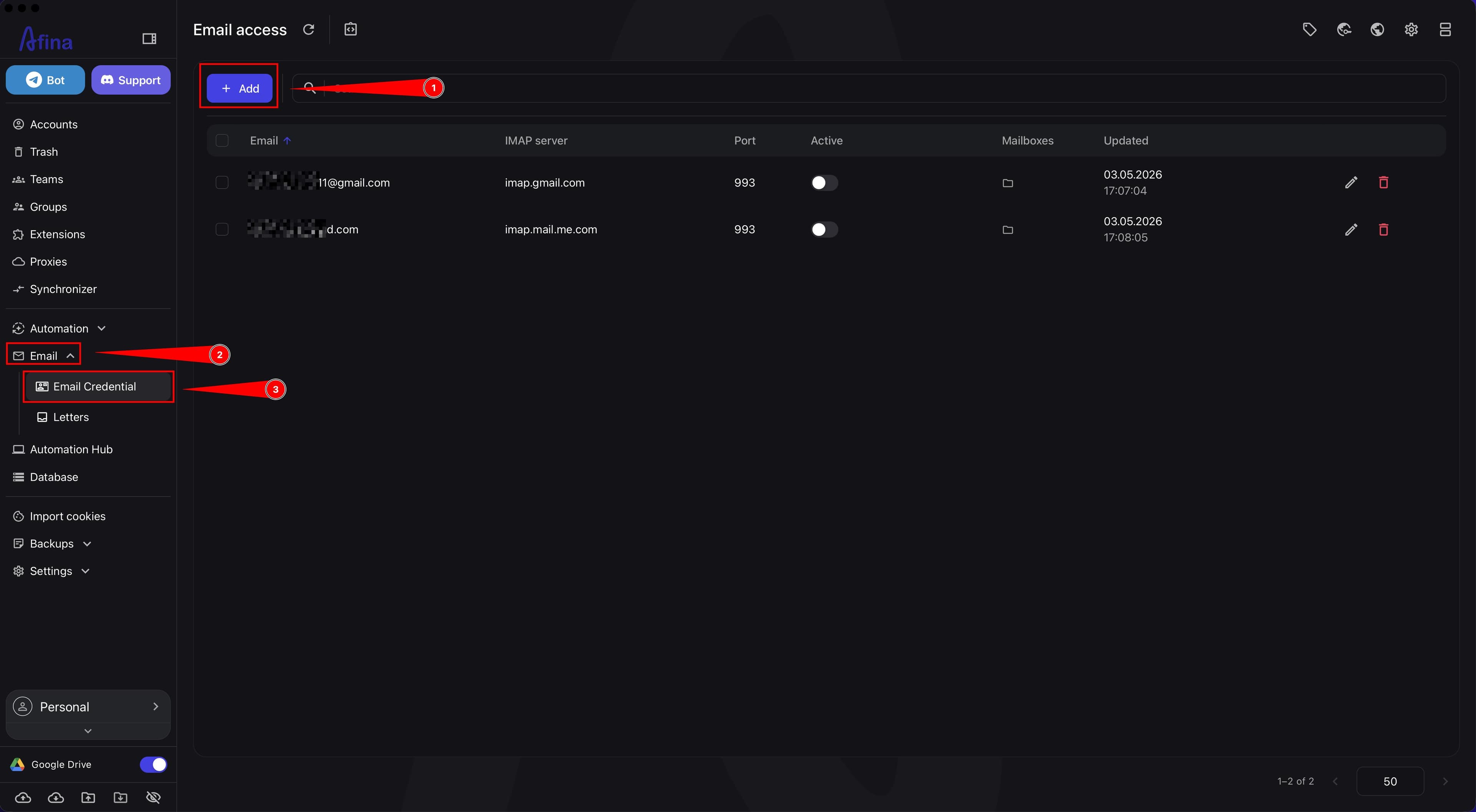 Adding email in Afina