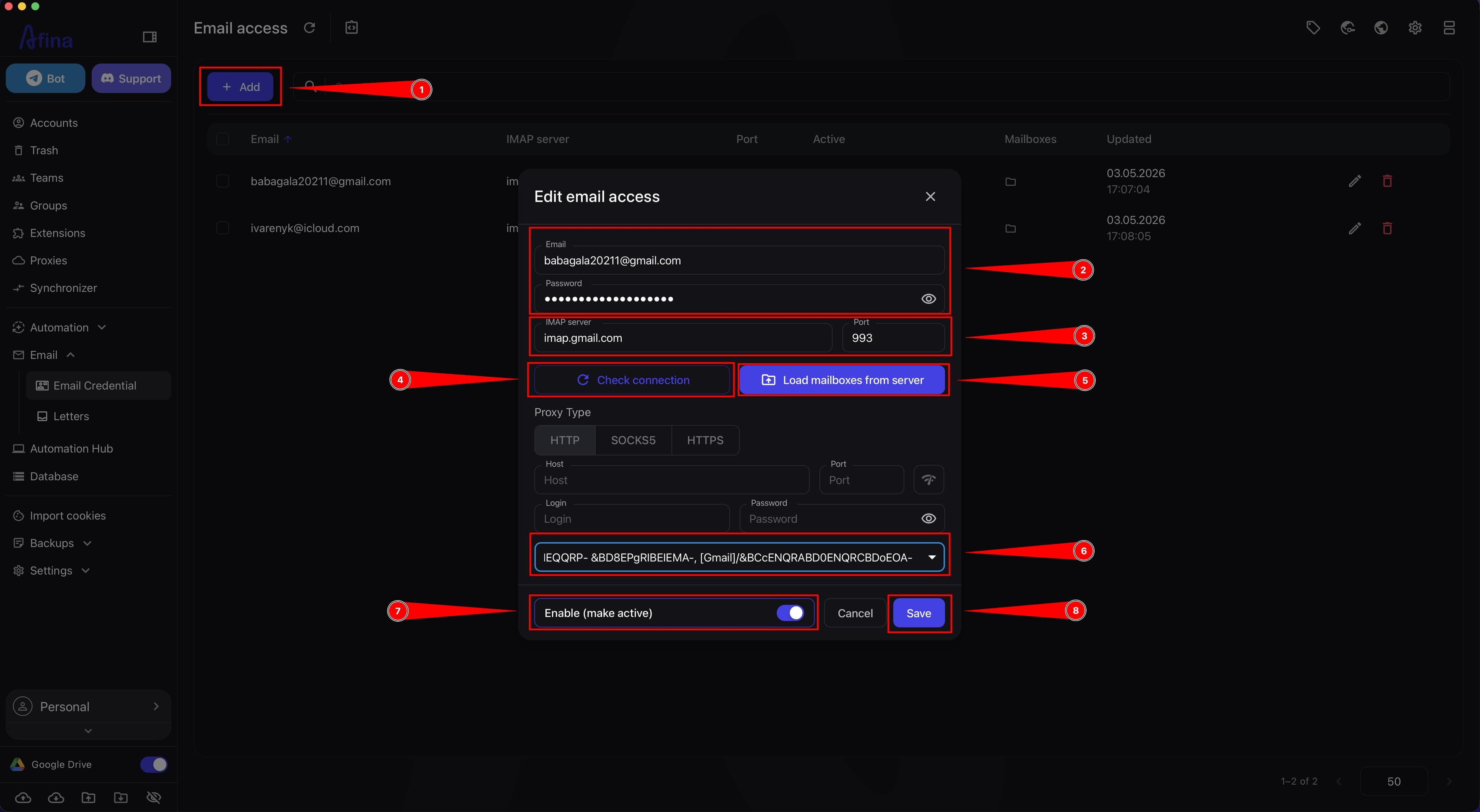 Saving mail settings in Afina
