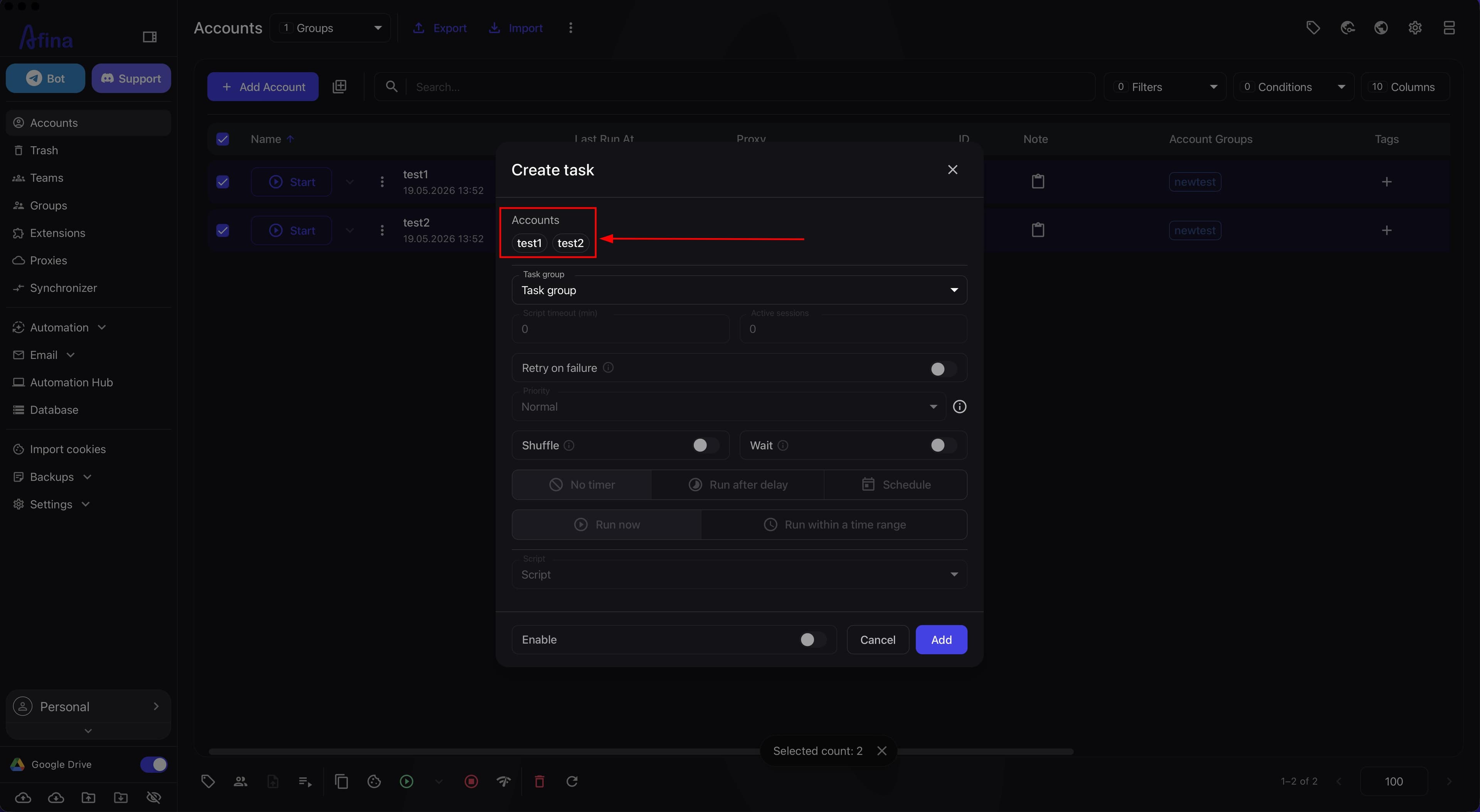 The "Create task" window with the list of selected accounts