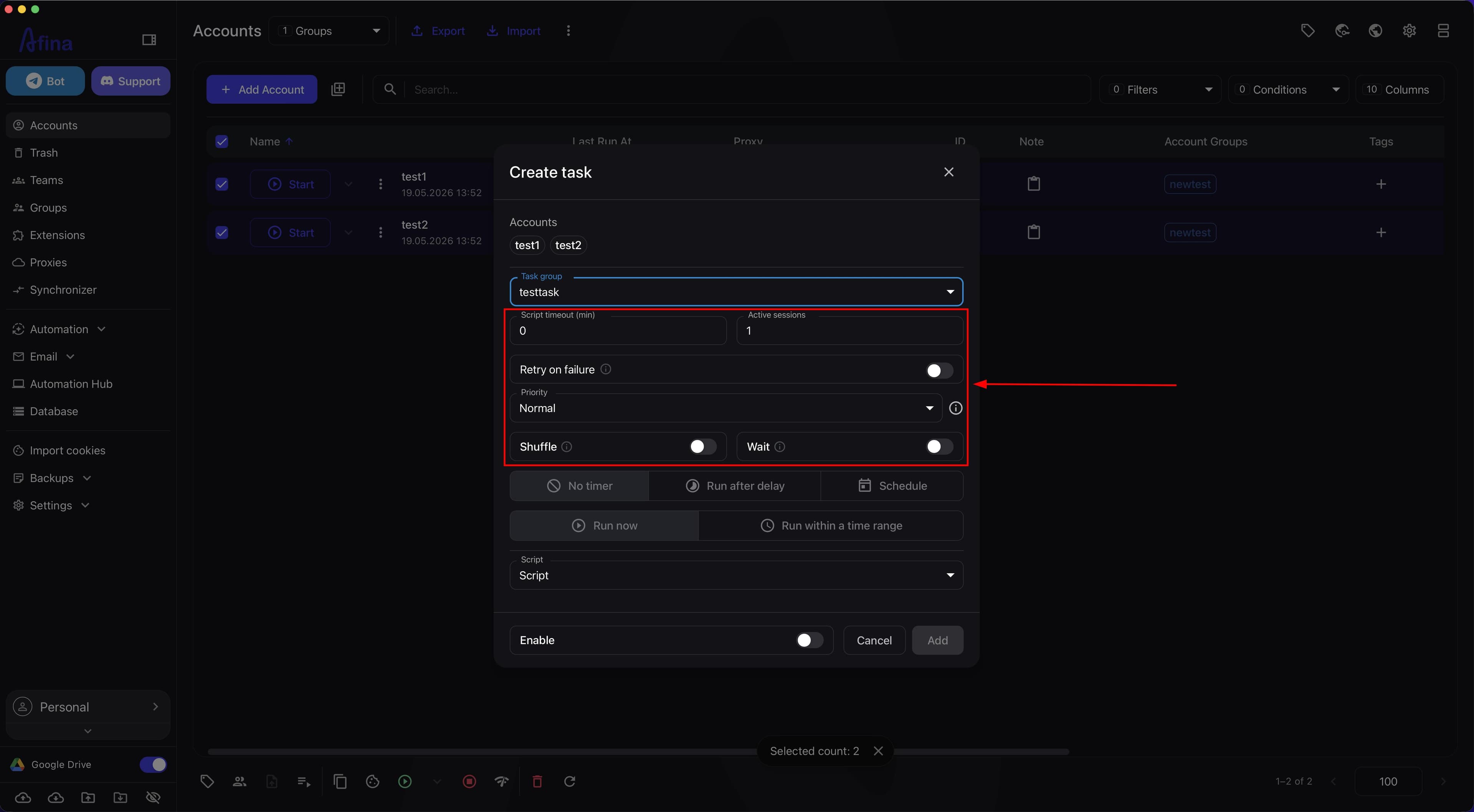 "Script timeout (min)", "Active sessions" fields and additional mode toggles in the task creation window