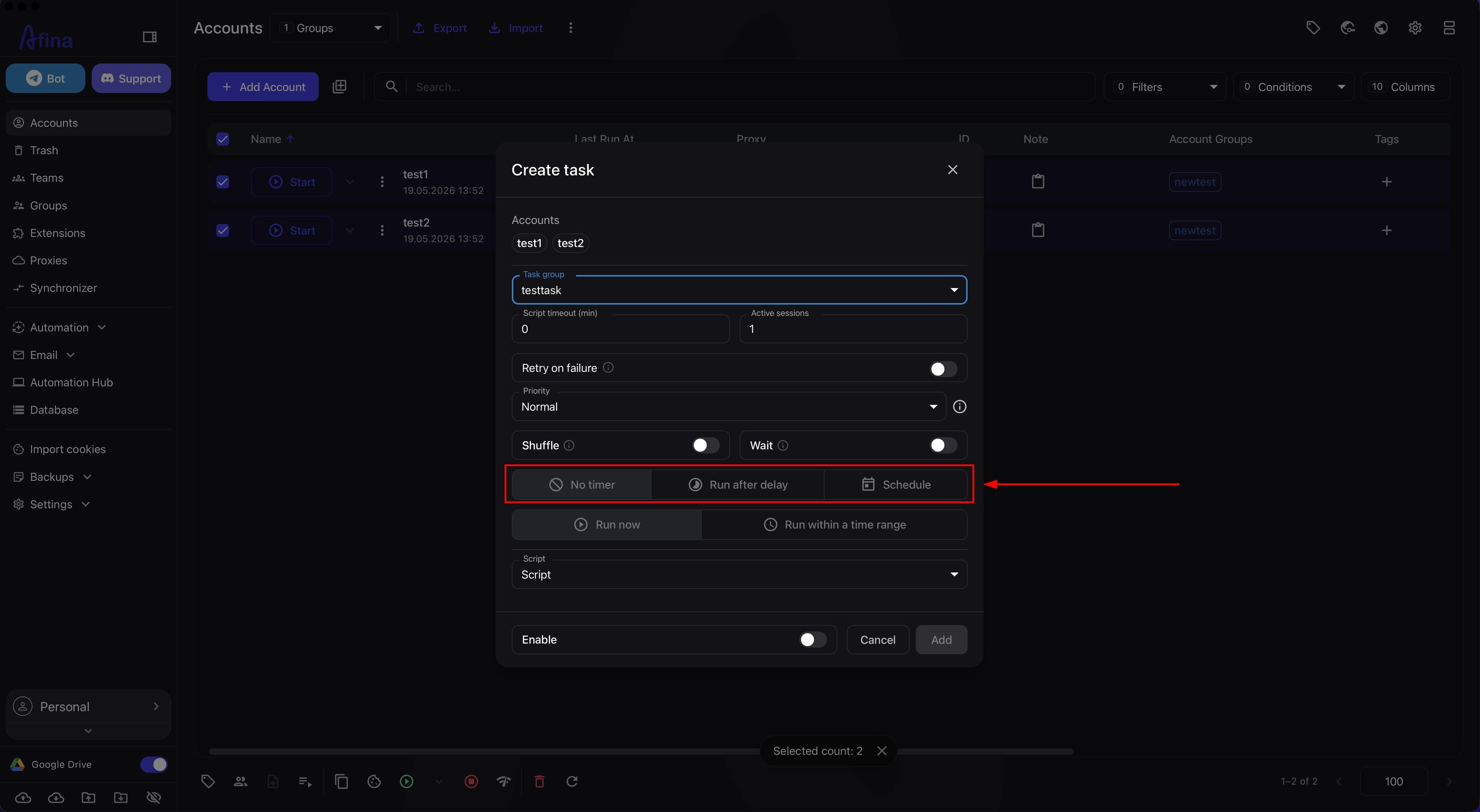 Launch time configuration block with "No timer", "Run after delay", and "Schedule" modes