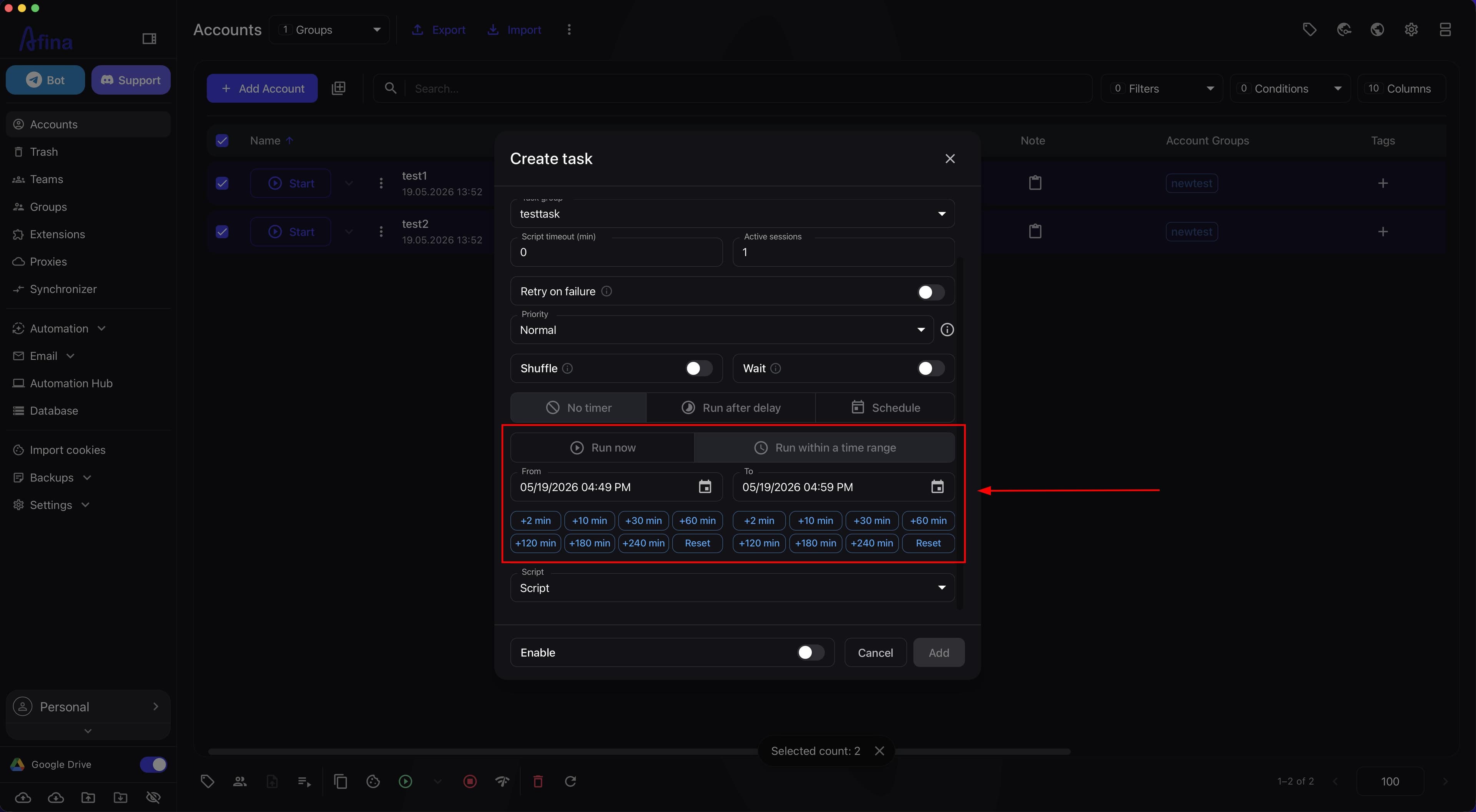 Configuring the launch time range via the calendar and "From" and "To" fields