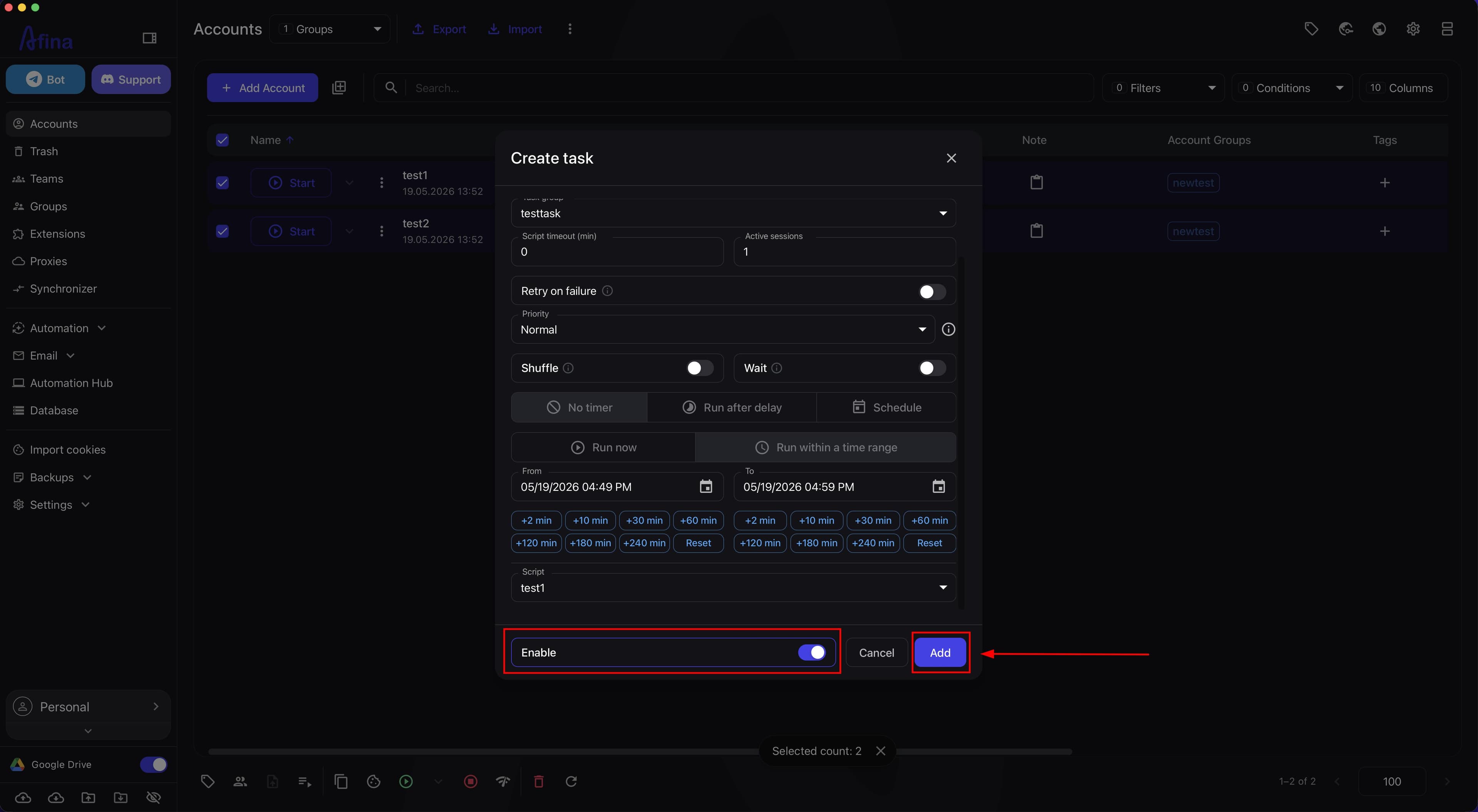 The "Add" button and the successful task creation message