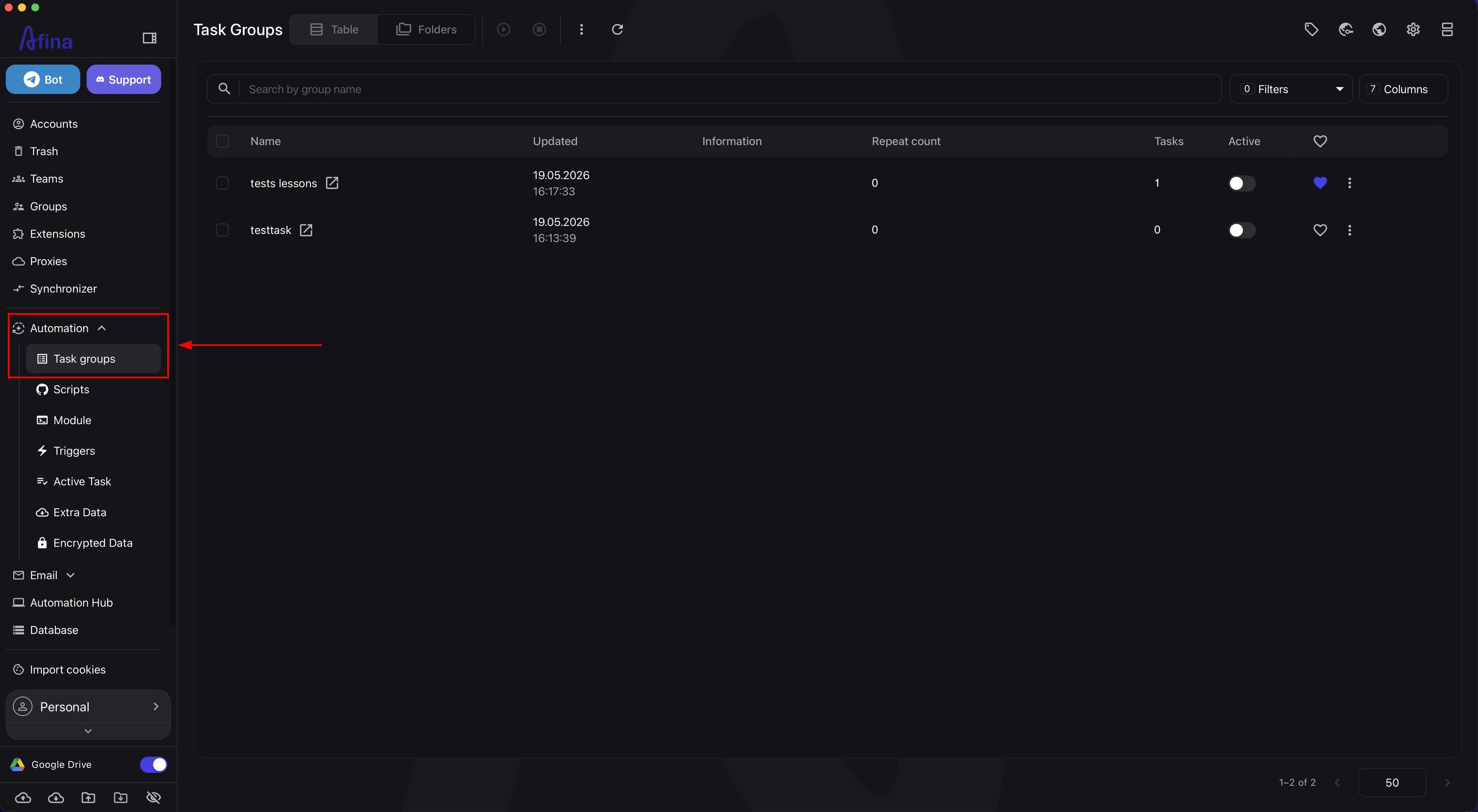The "Automation" section with the "Task Groups" item open, showing the created task