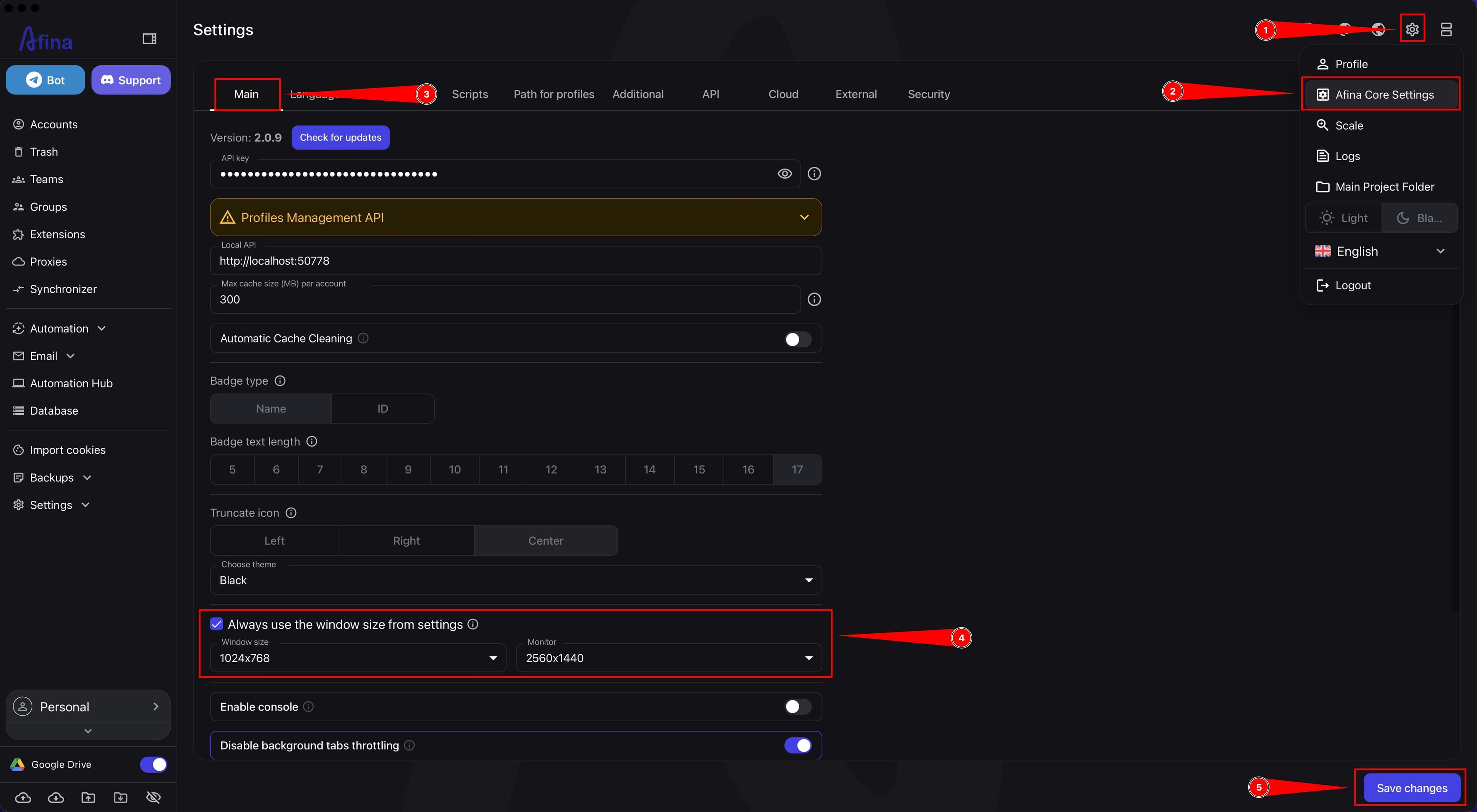Afina global settings with the "Always use the window size from settings" checkbox, the "Window size" field, and the "Monitor" field