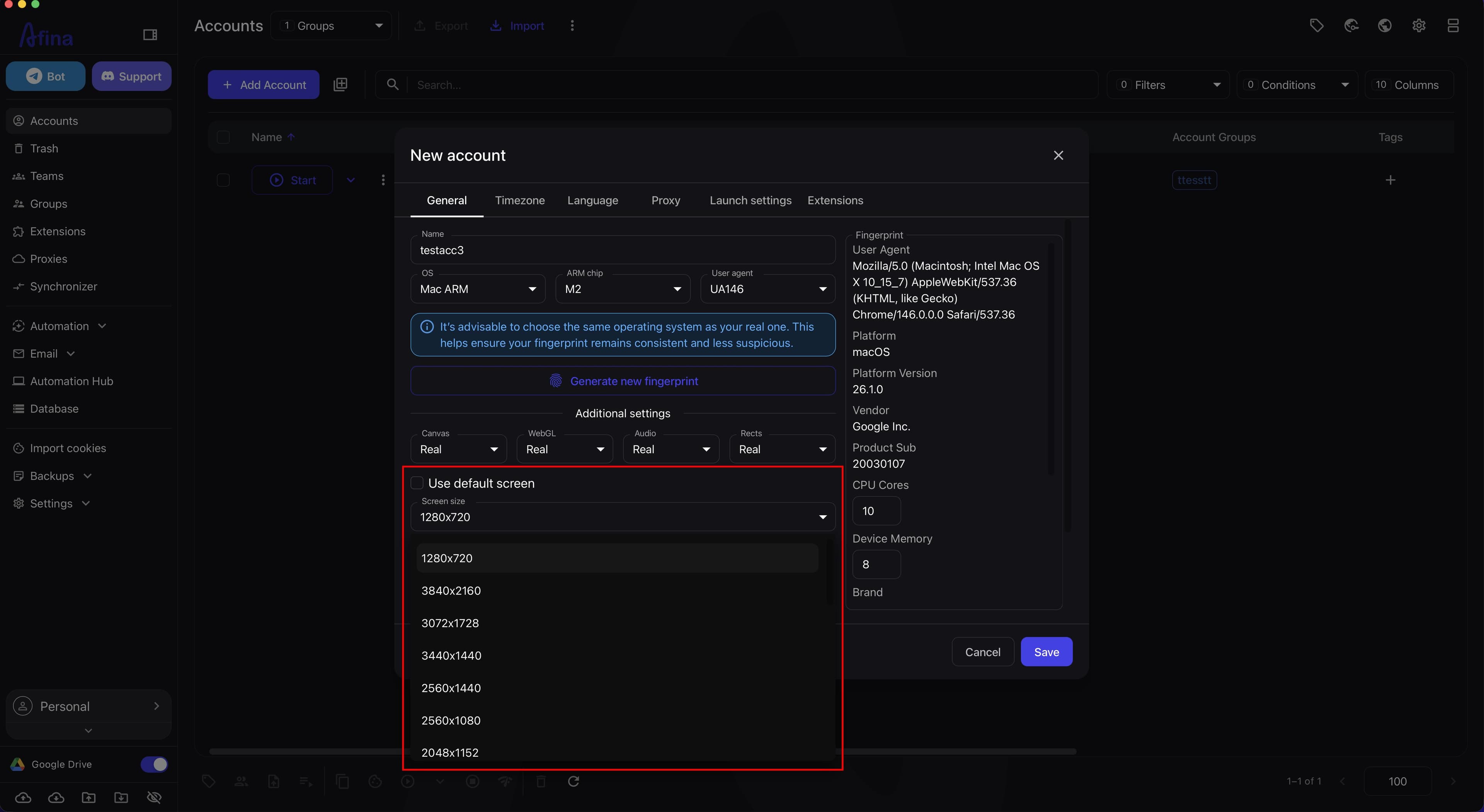 The "Edit account" window with the "Use default screen" checkbox disabled and the "Screen size" list open