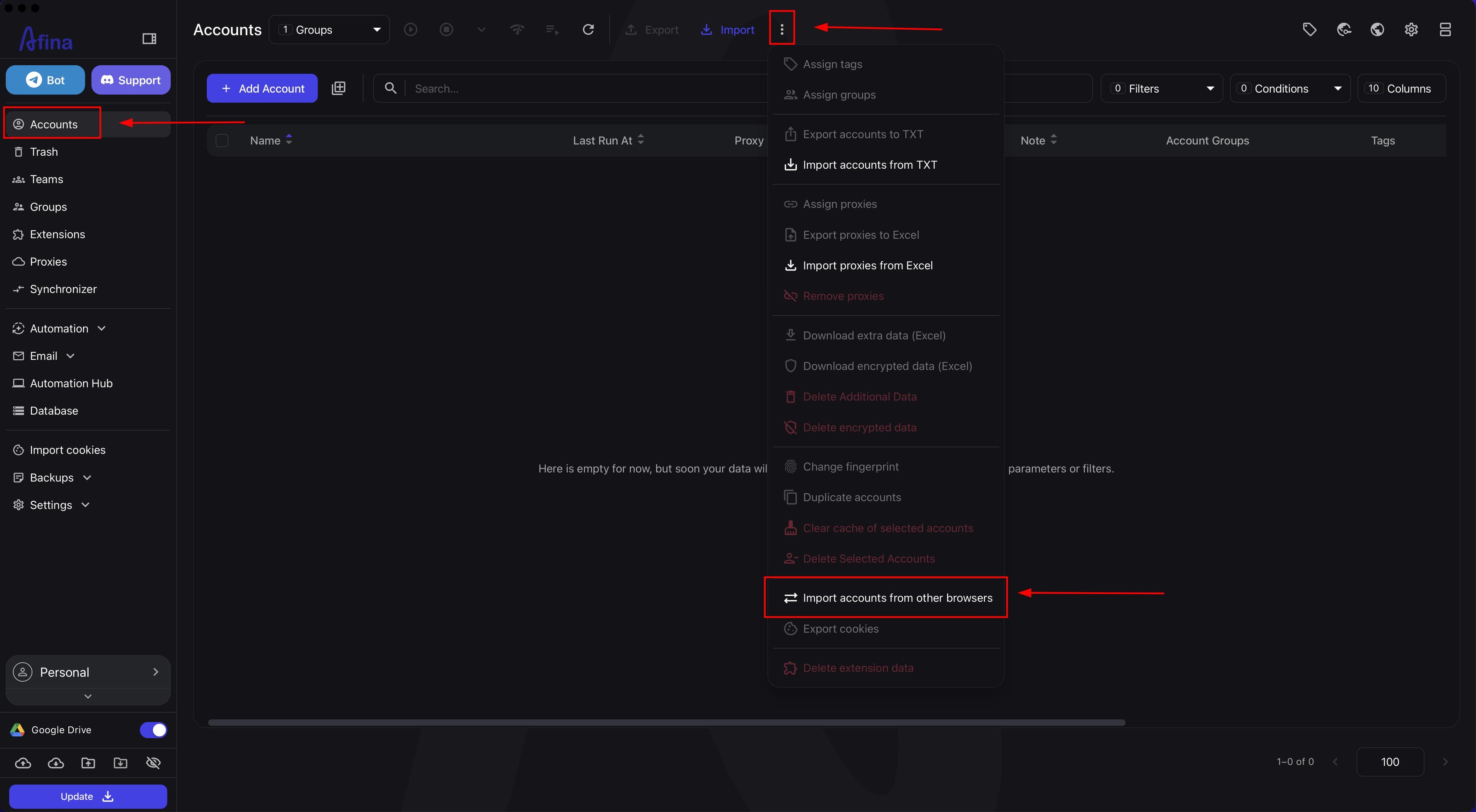 The "Import accounts from other browsers" menu item in the "Accounts" section
