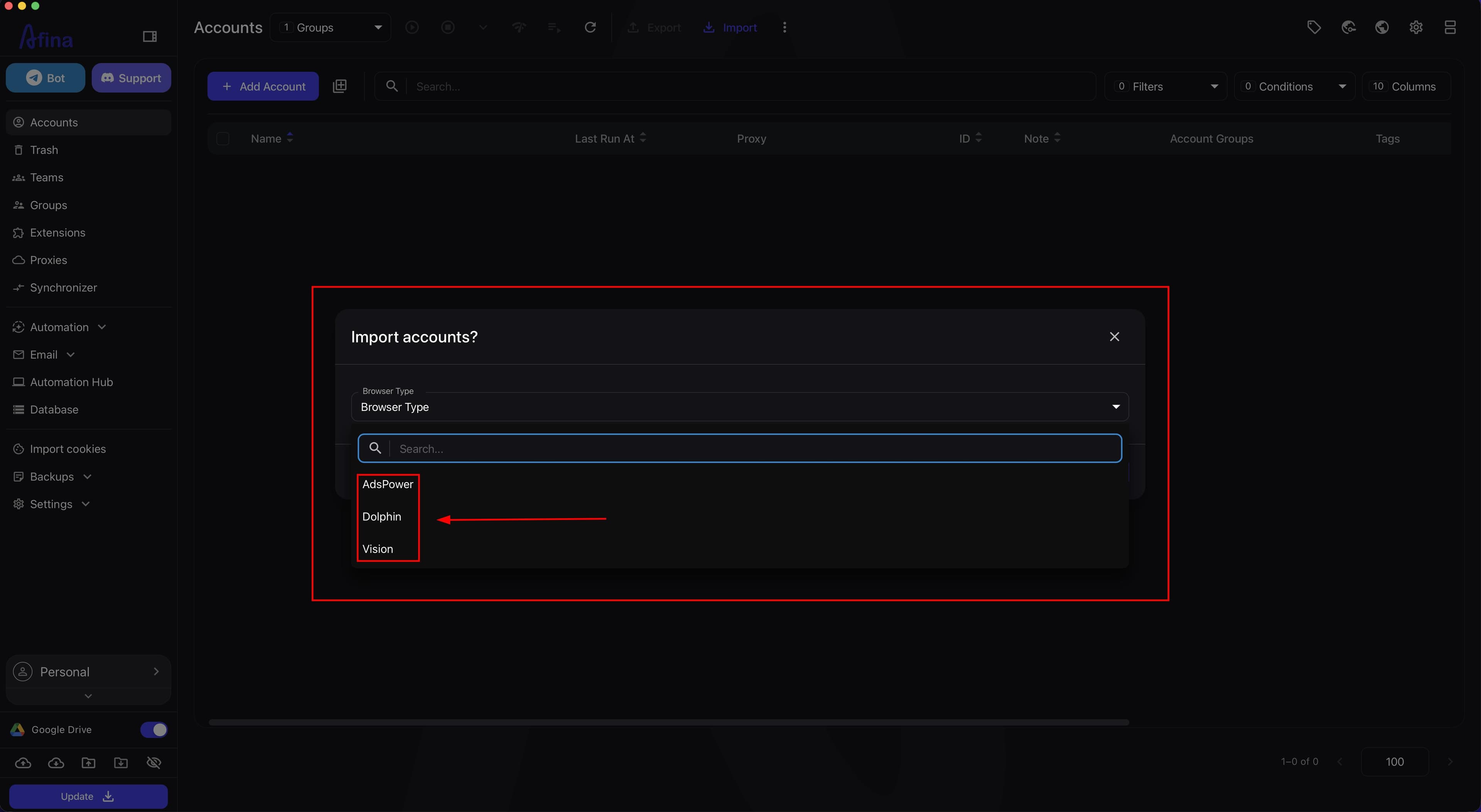 Selecting the source browser in the account import window