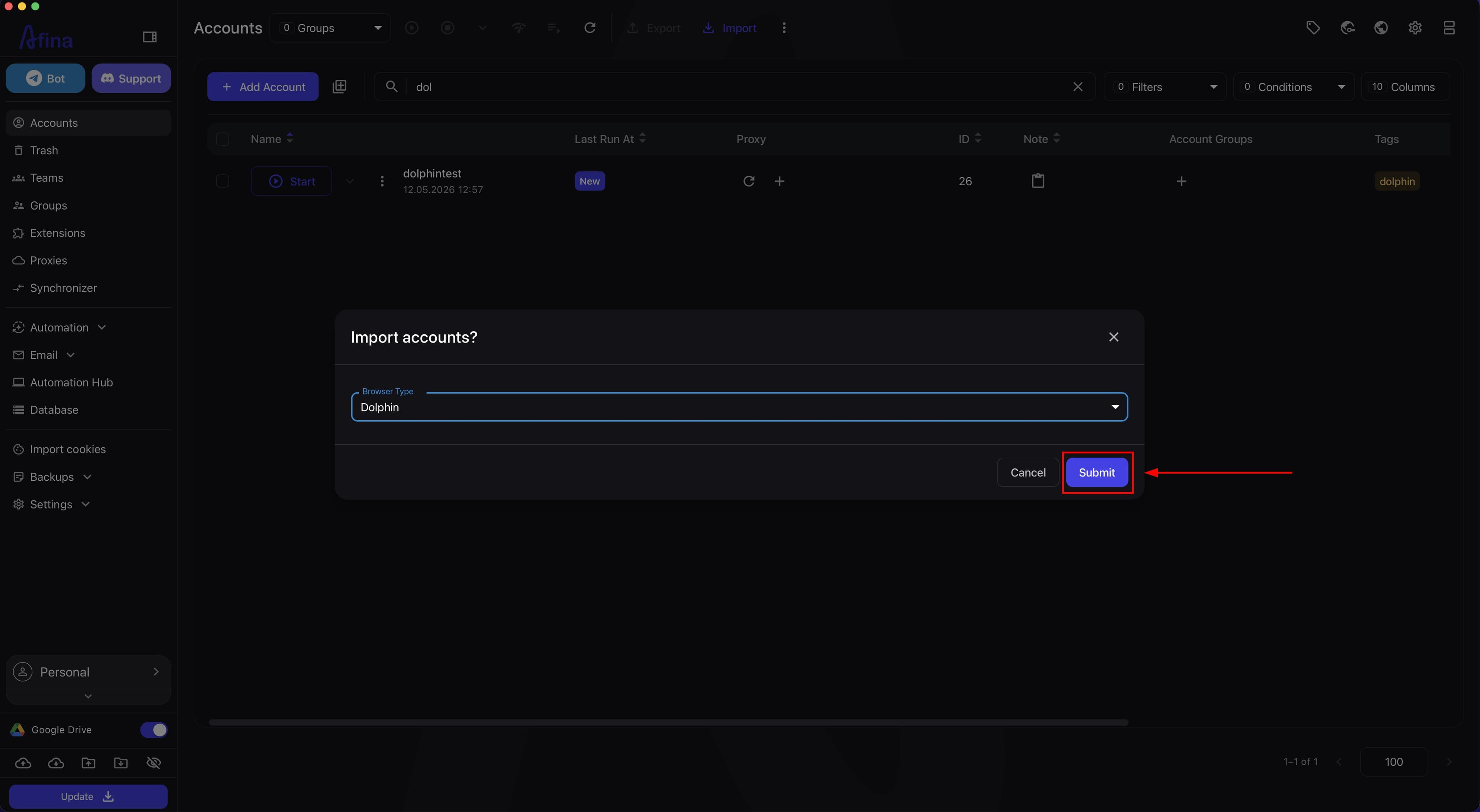 Confirming import launch from the selected browser