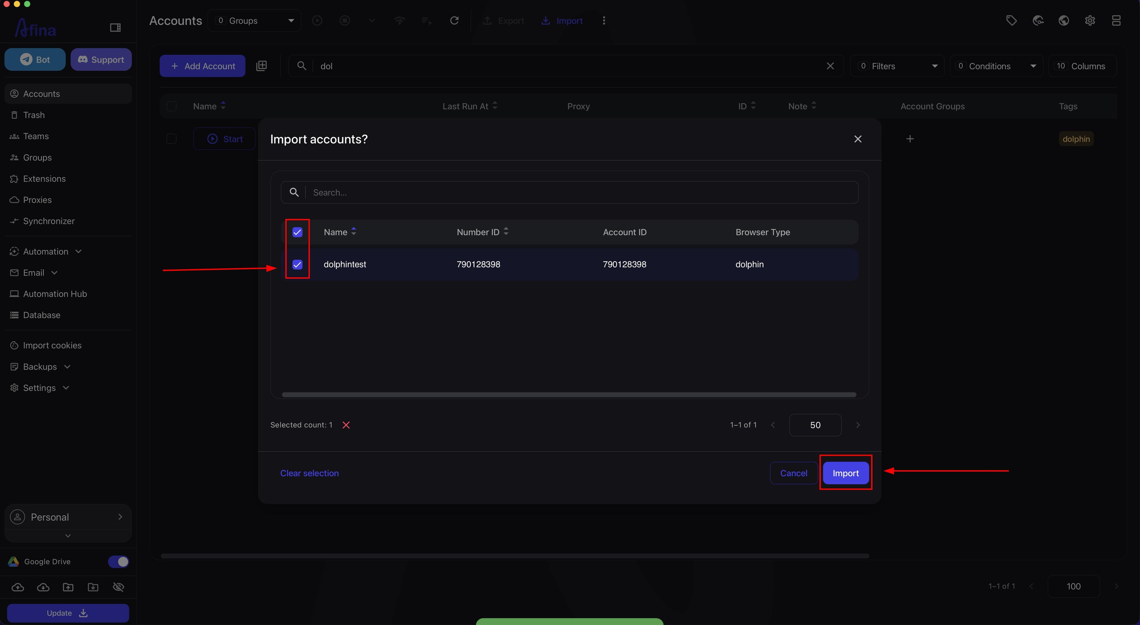 List of accounts to select before import