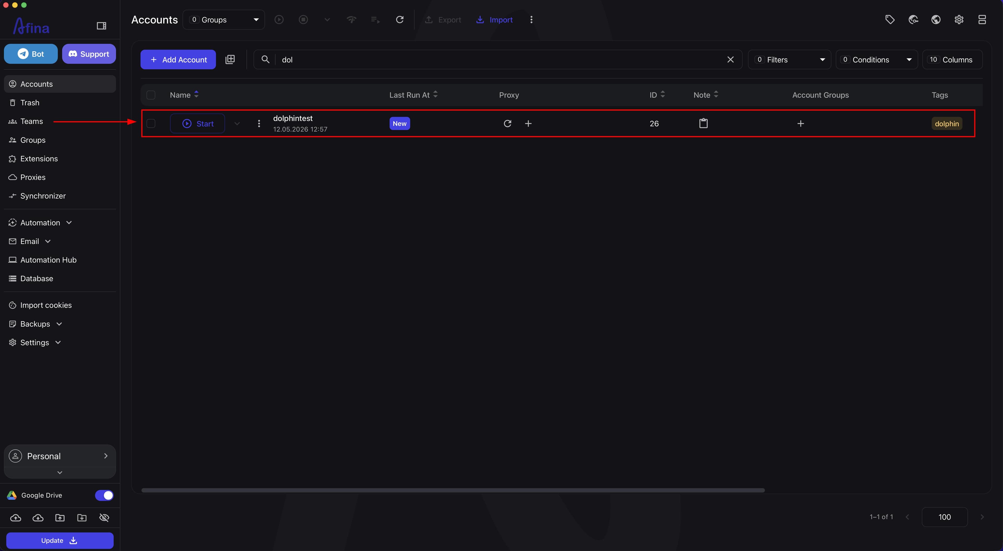 Imported account in your account list