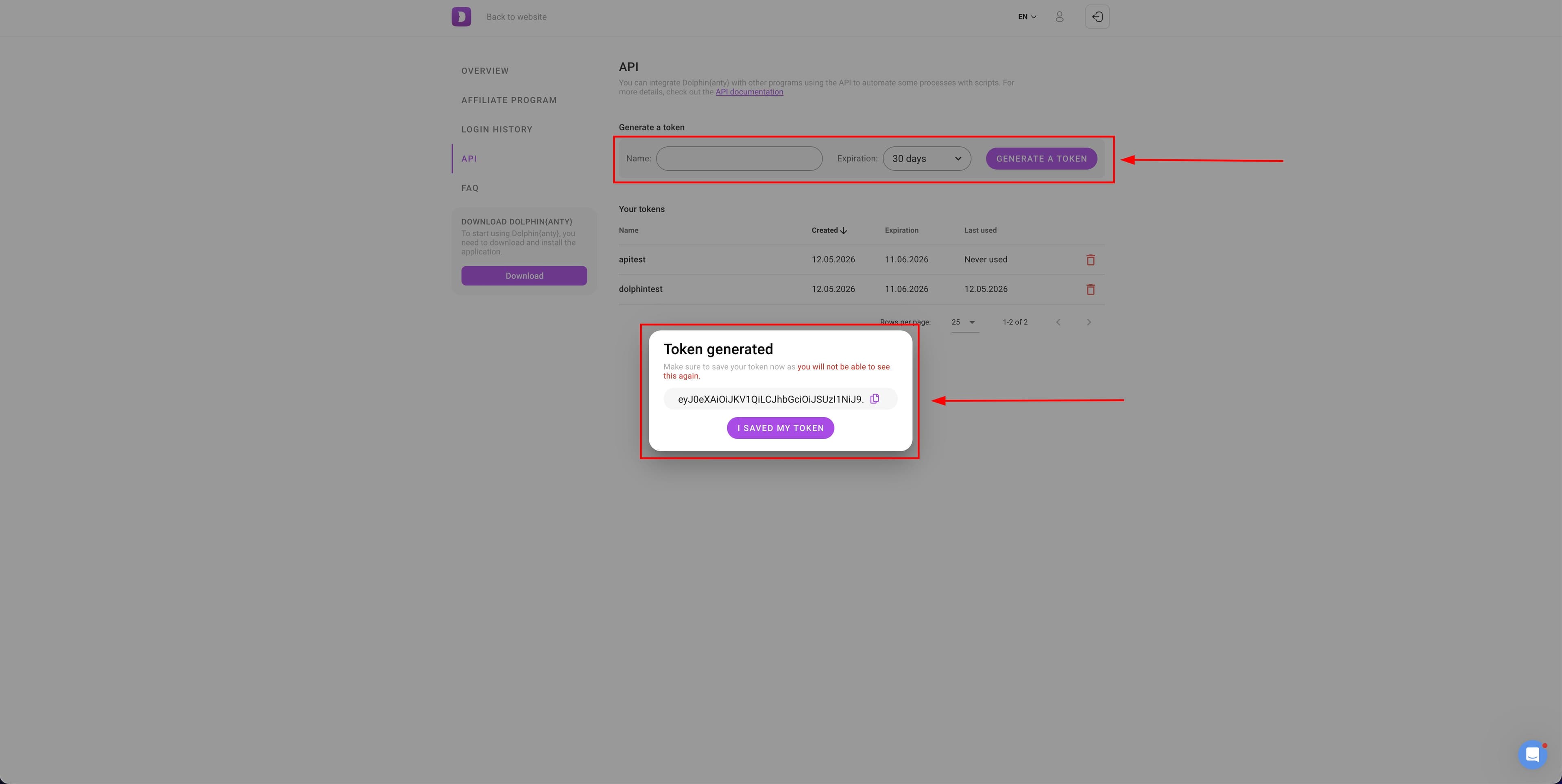 API key generation page in Dolphin