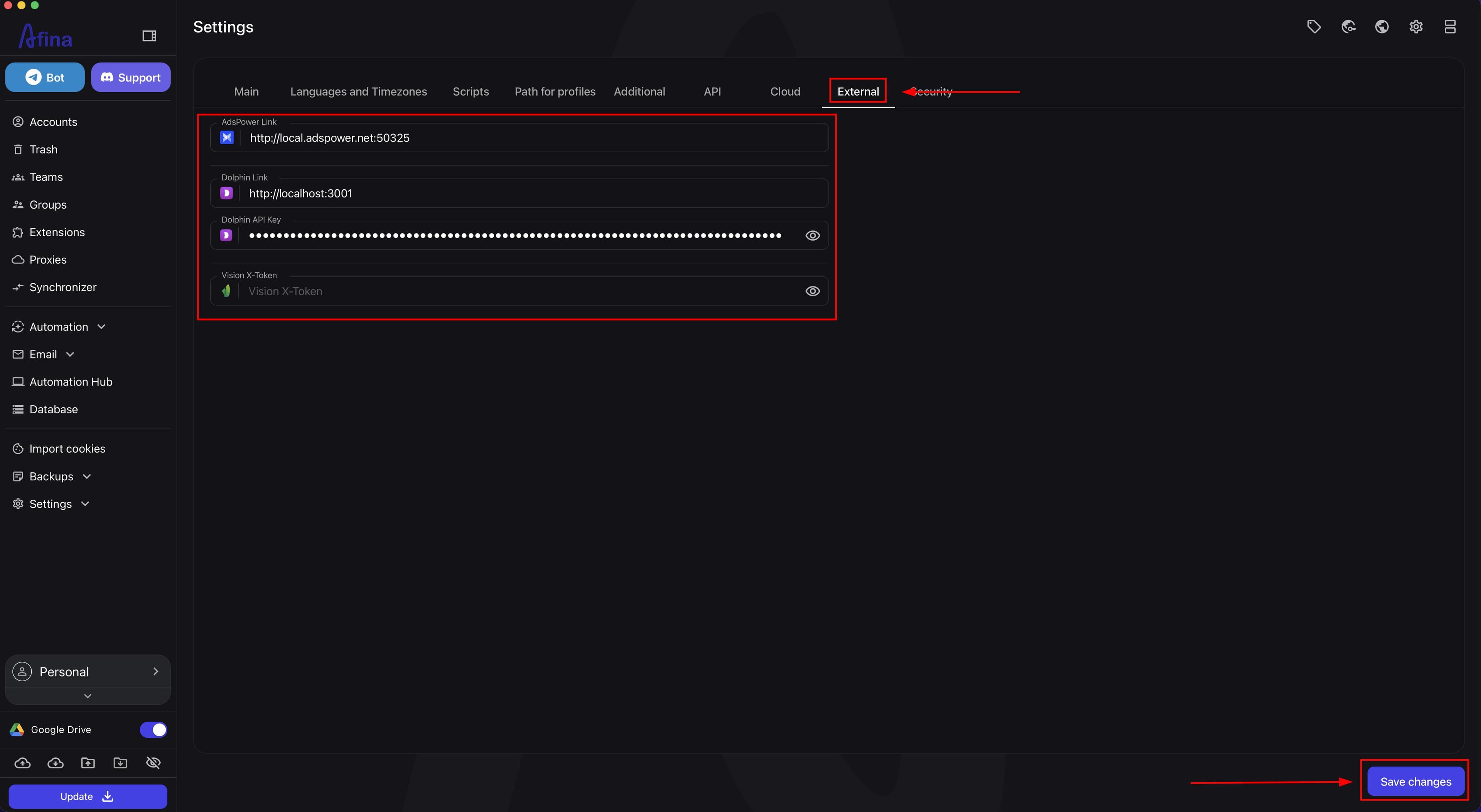 External integration fields in Afina Core Settings