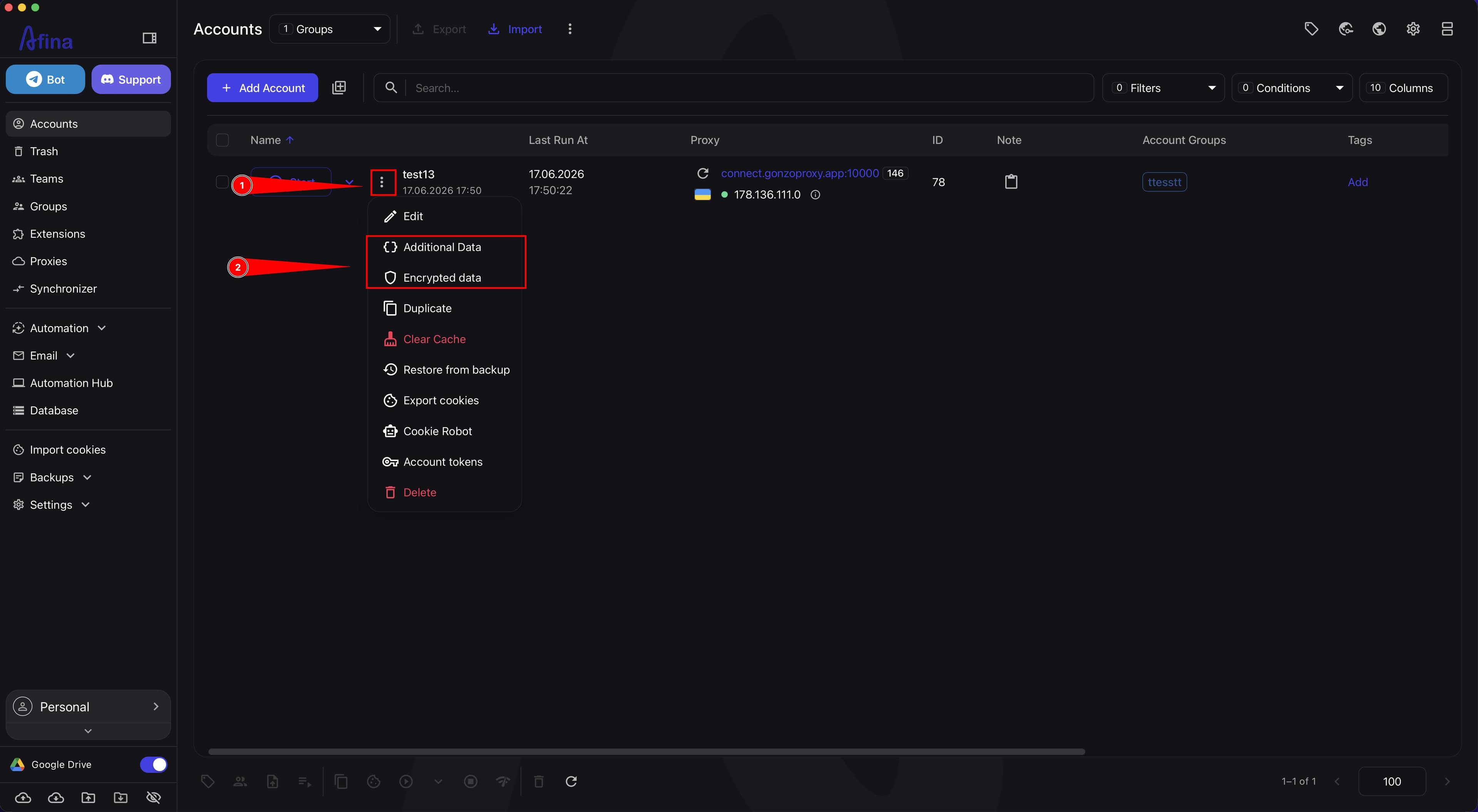 Account row action menu with Additional Data and Encrypted Data items