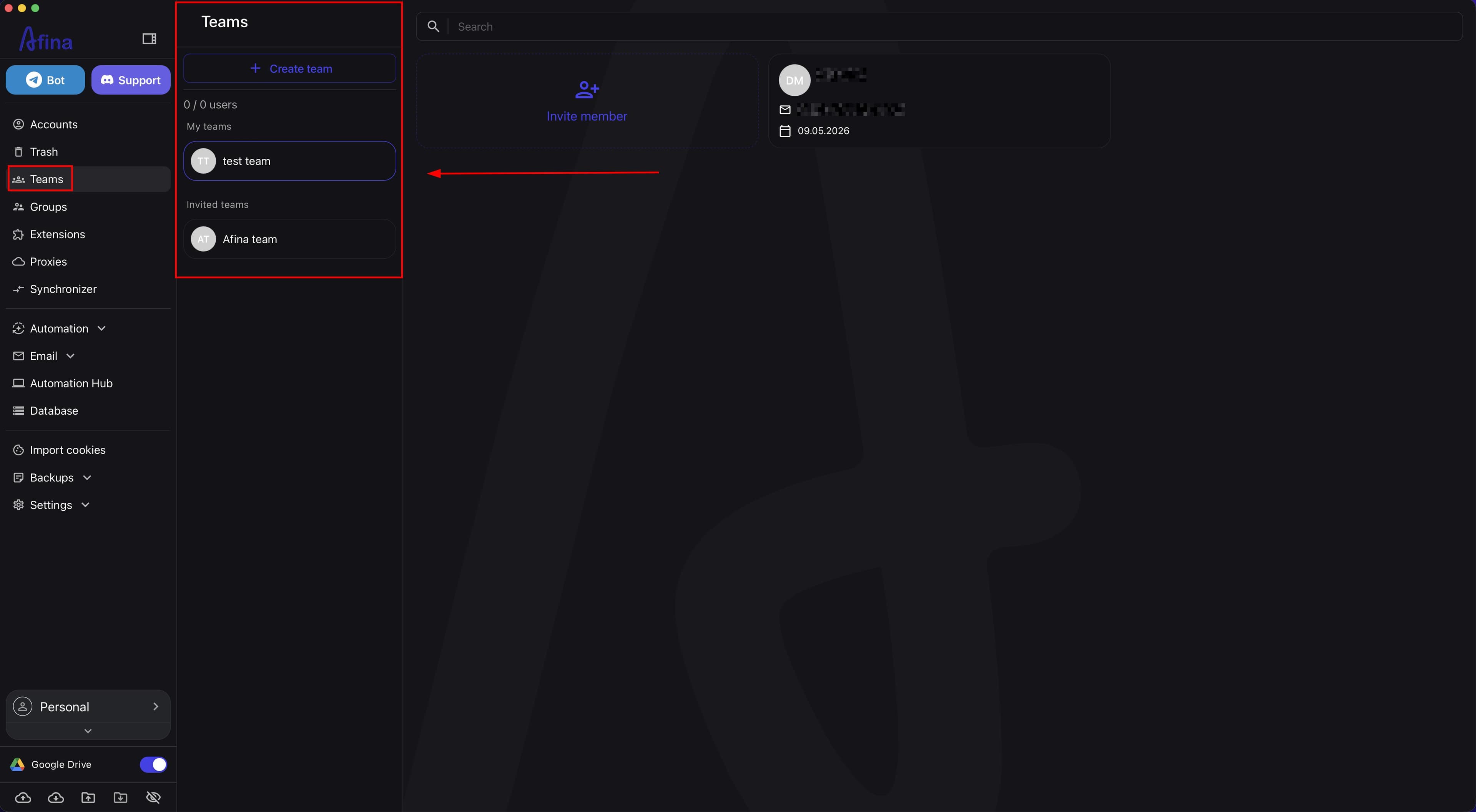 Teams section in the left menu of Afina