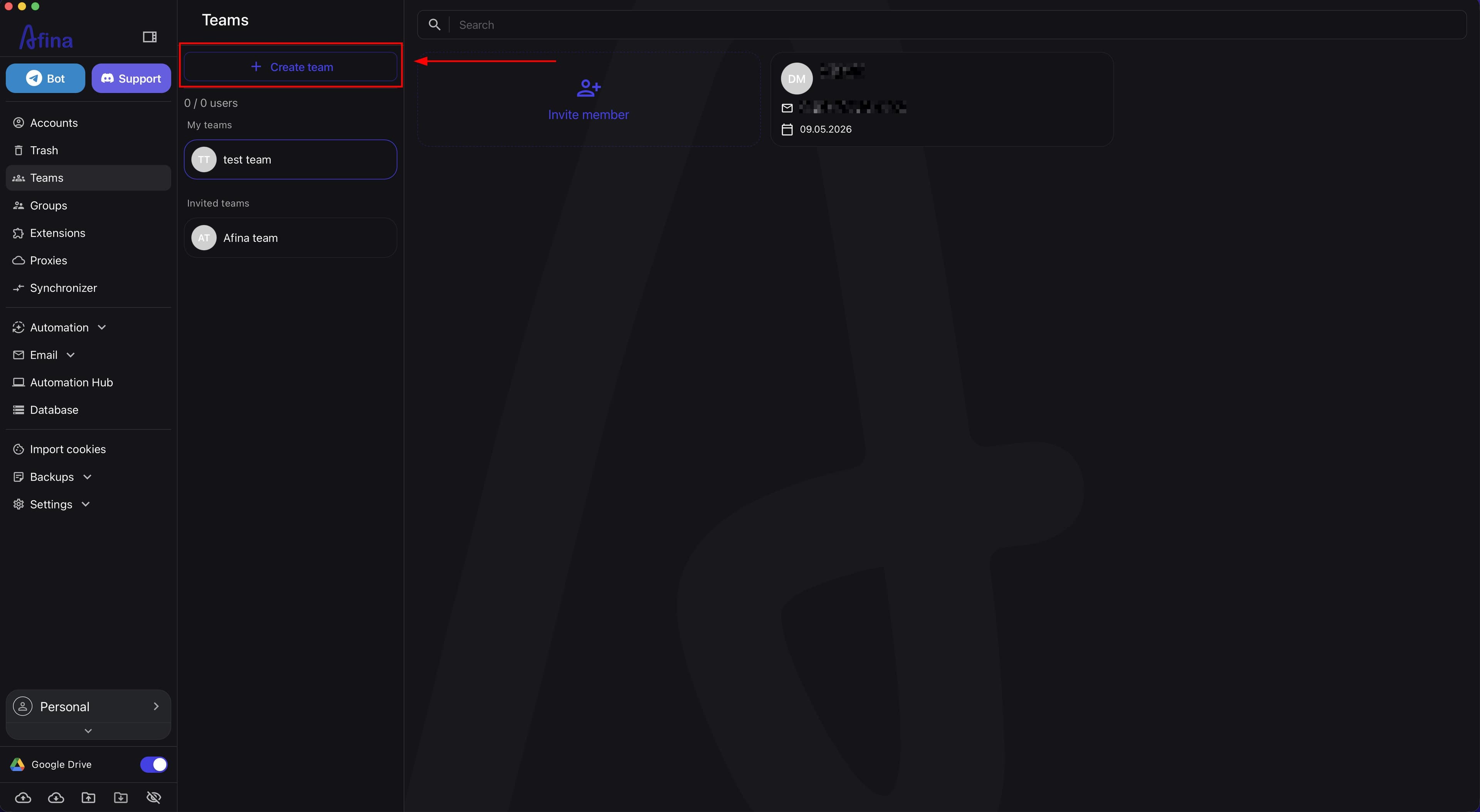 Create team button