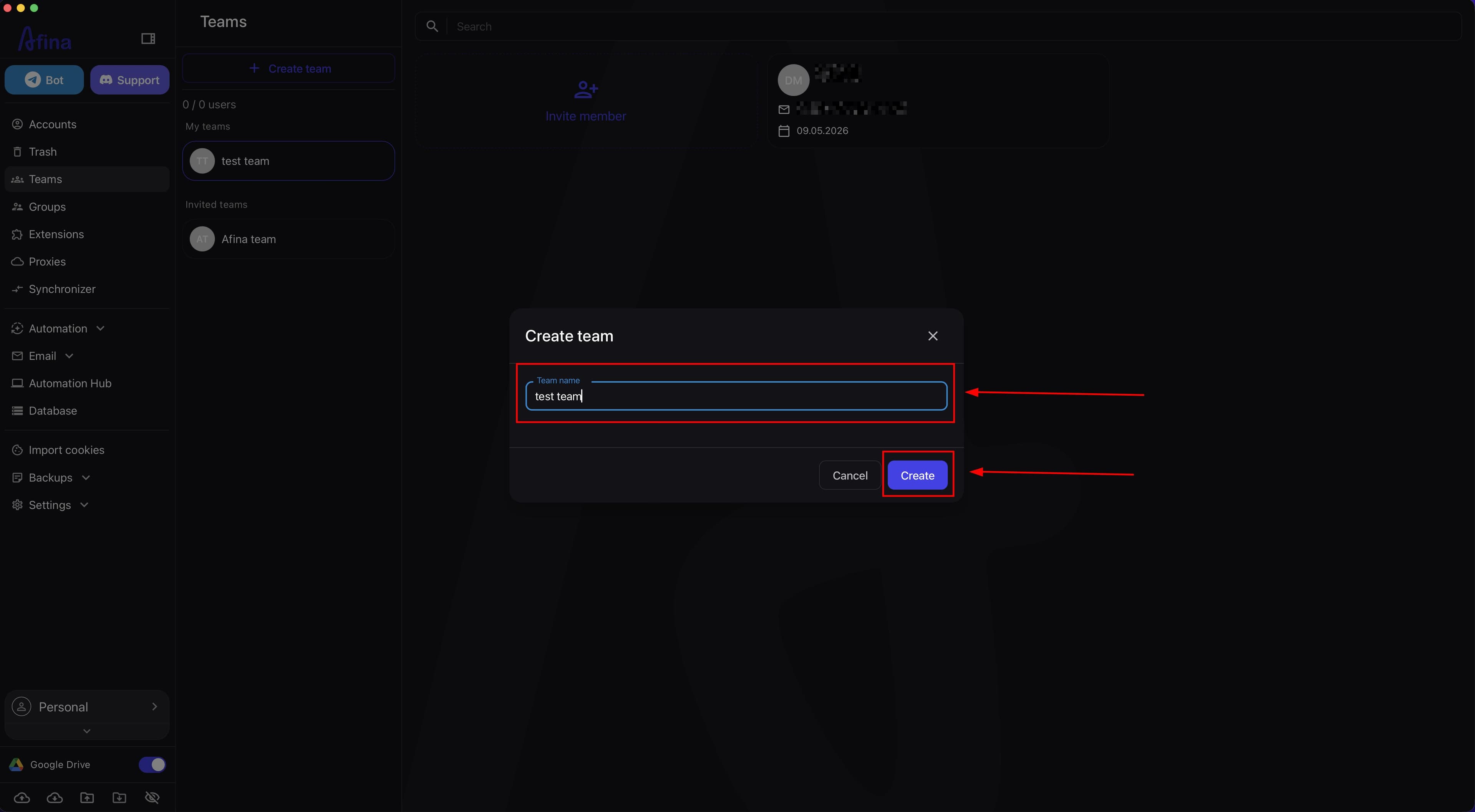 Form for creating a new team