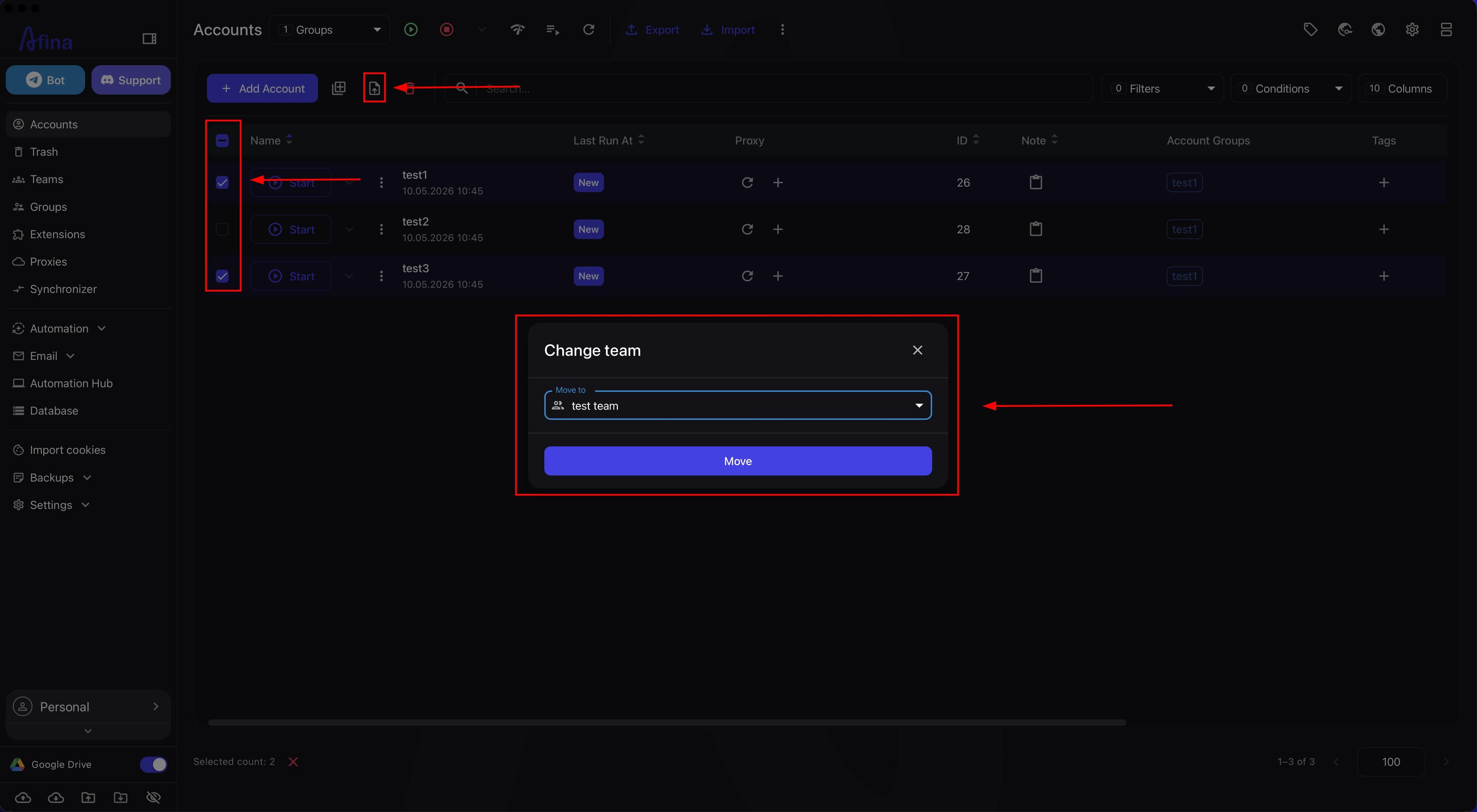 Switching between team and personal workspaces