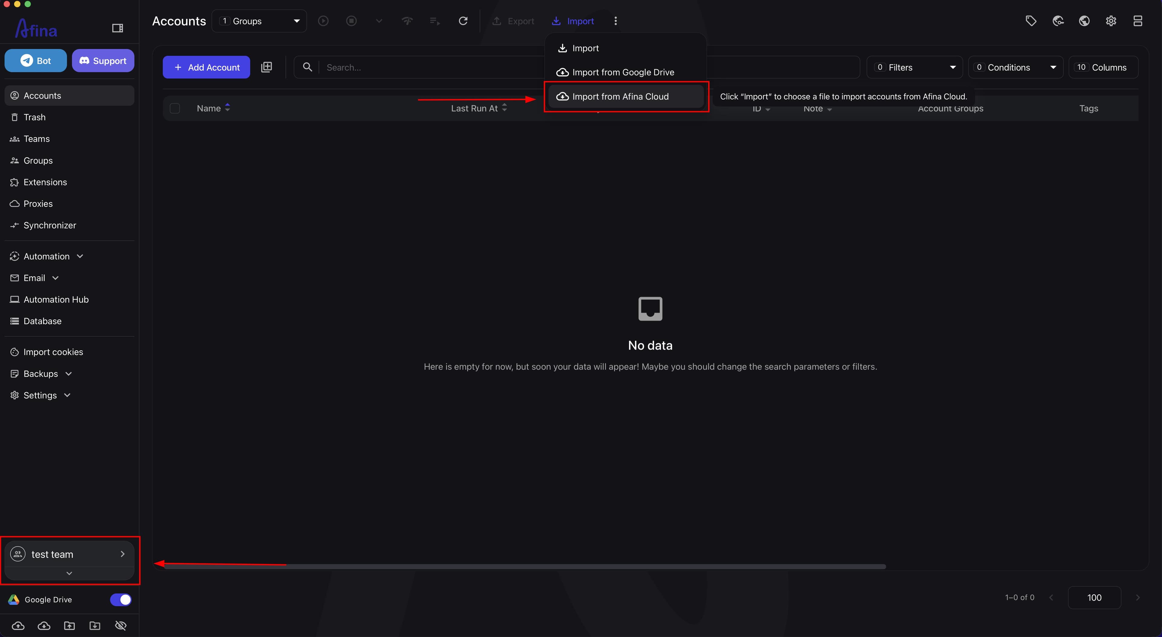 Exporting accounts to Afina Cloud
