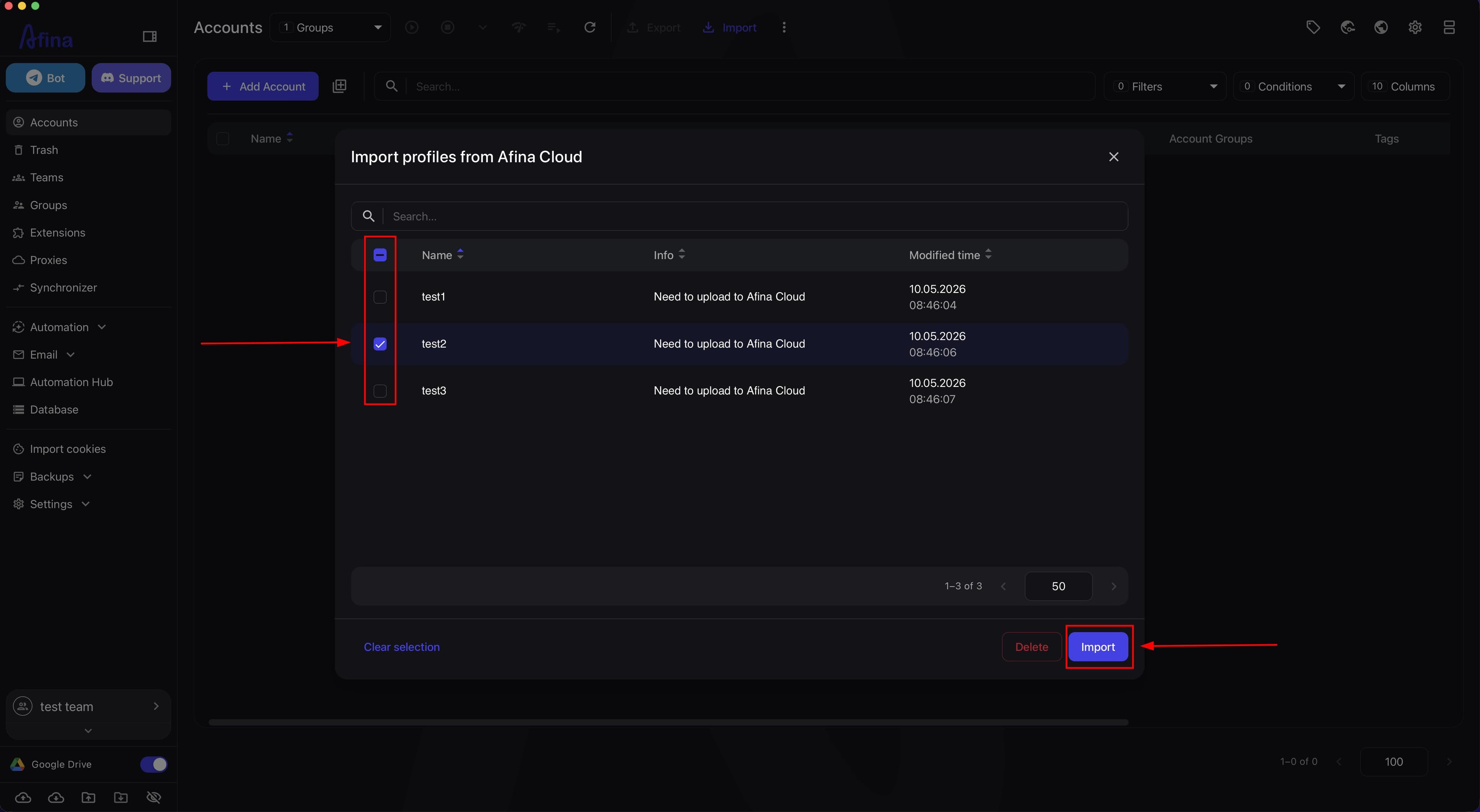 Importing accounts from Afina Cloud