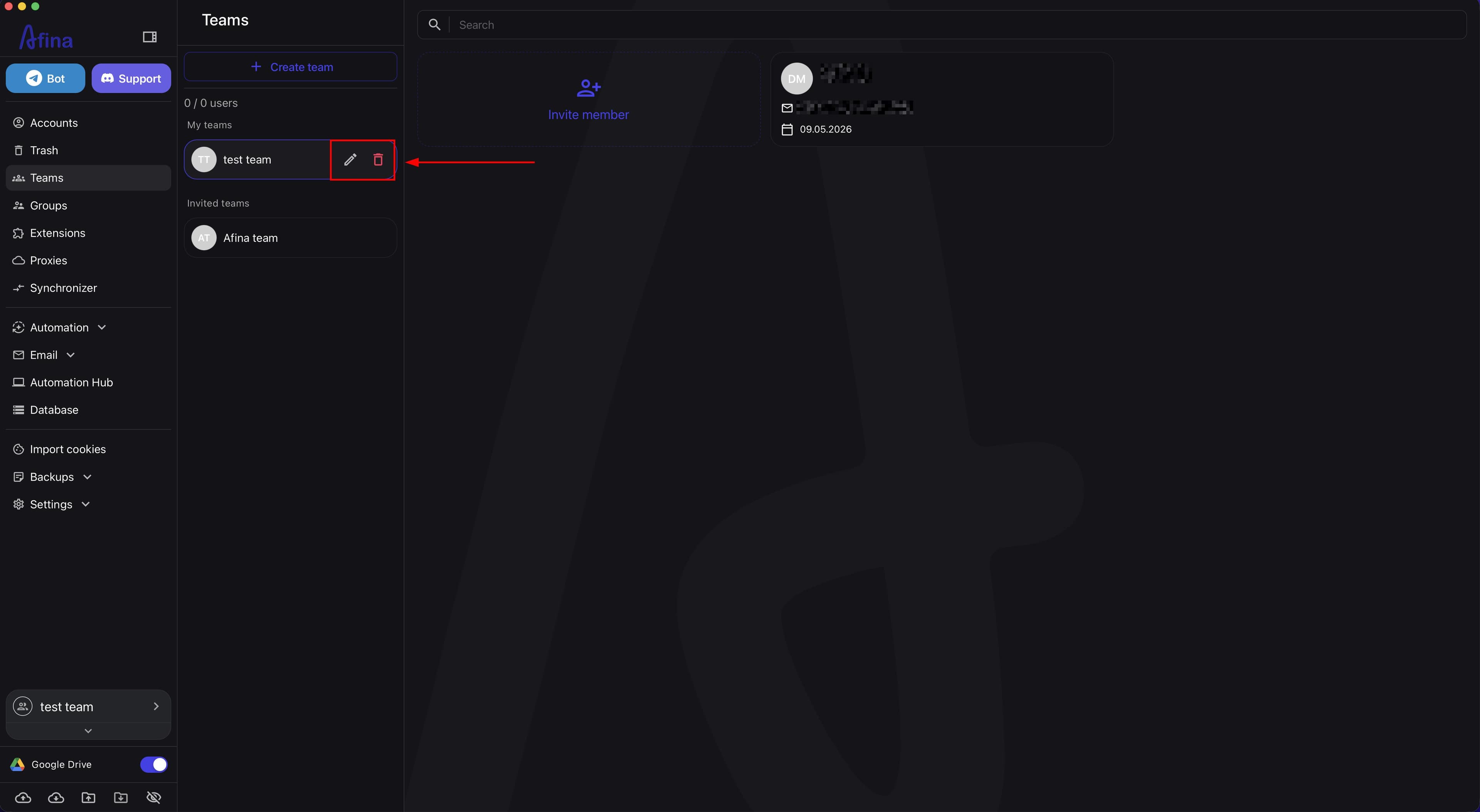 Selecting Afina Cloud accounts