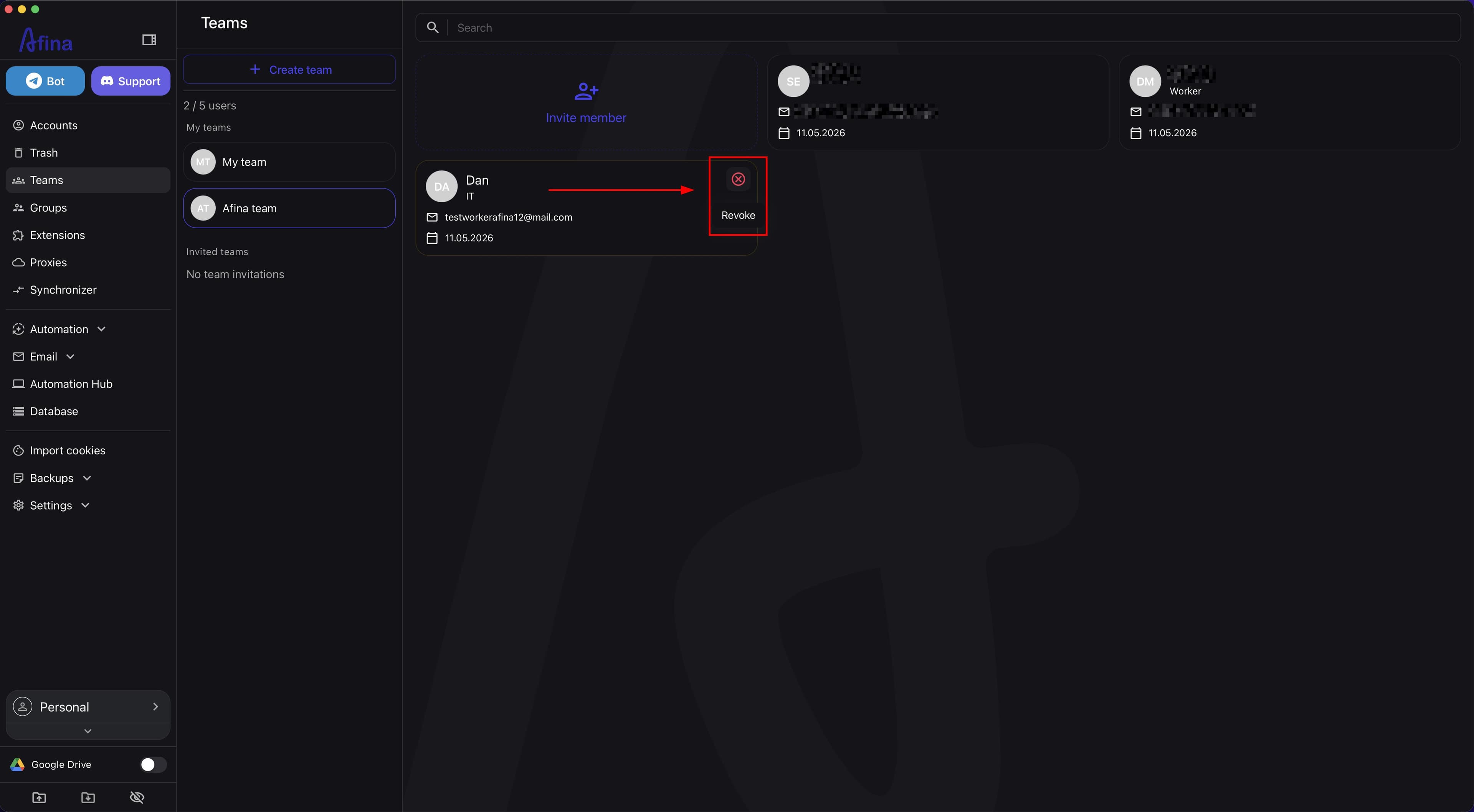 Actions for a member: edit permissions or remove