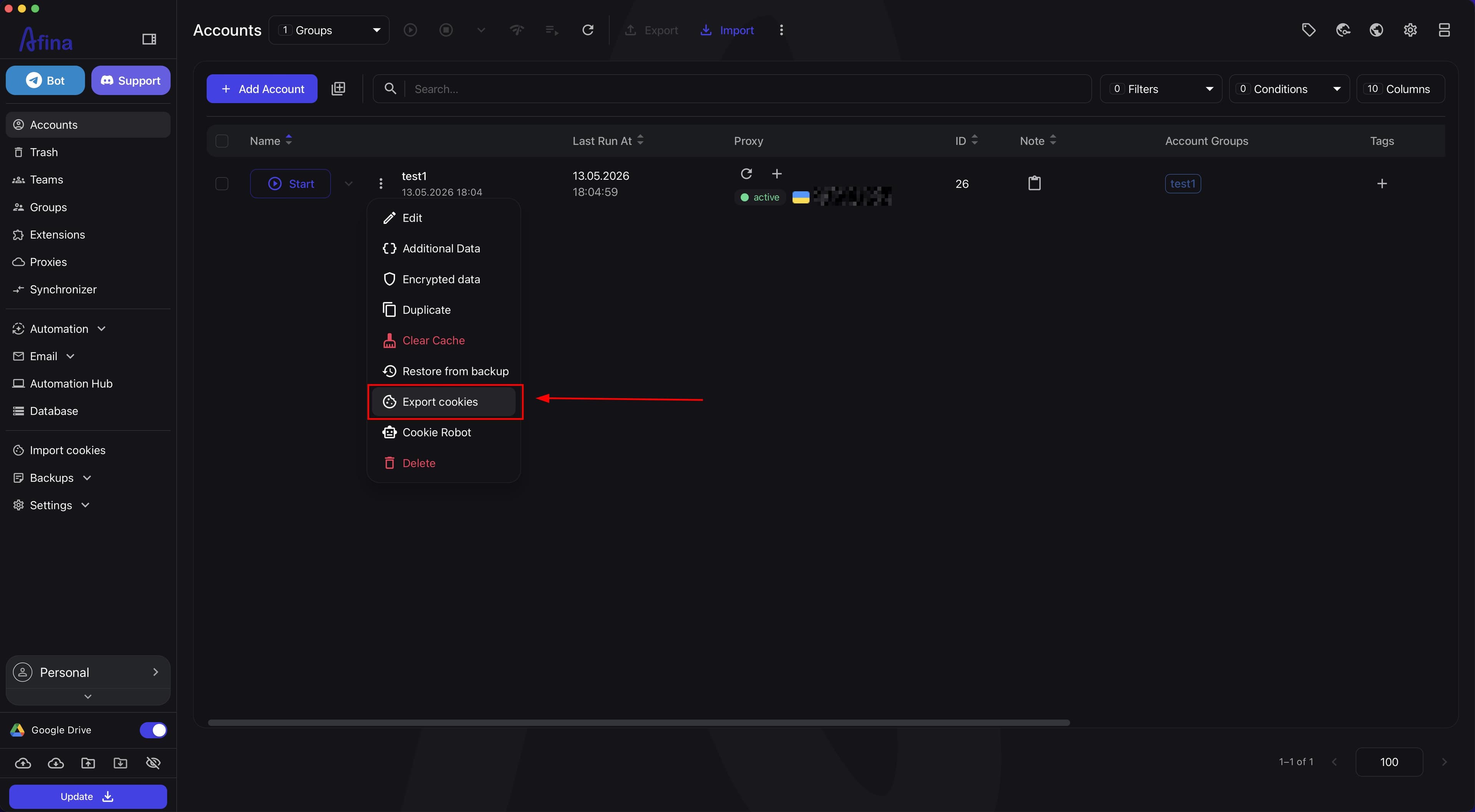 Account context menu with the Export cookies item