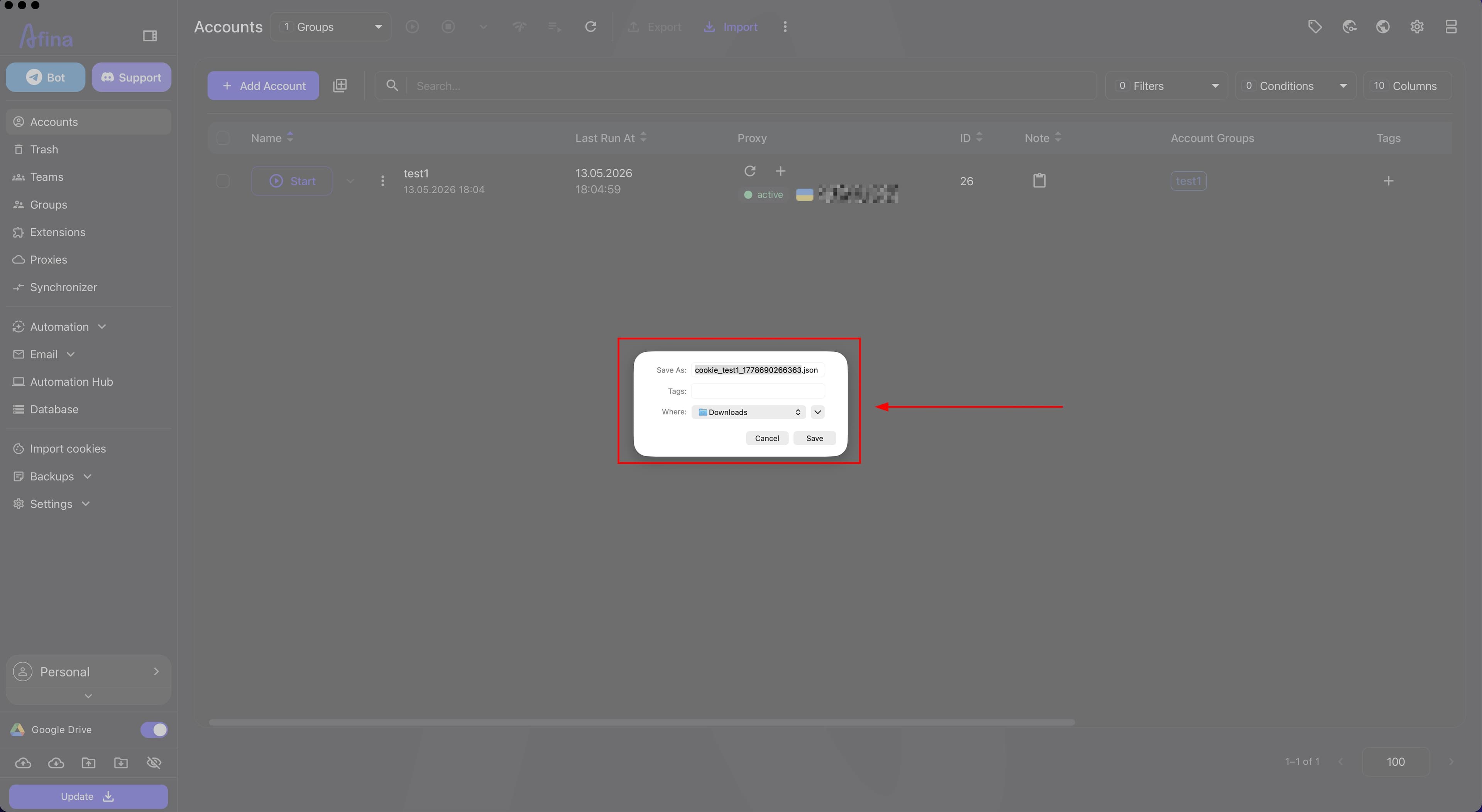 System window for saving the JSON cookie file