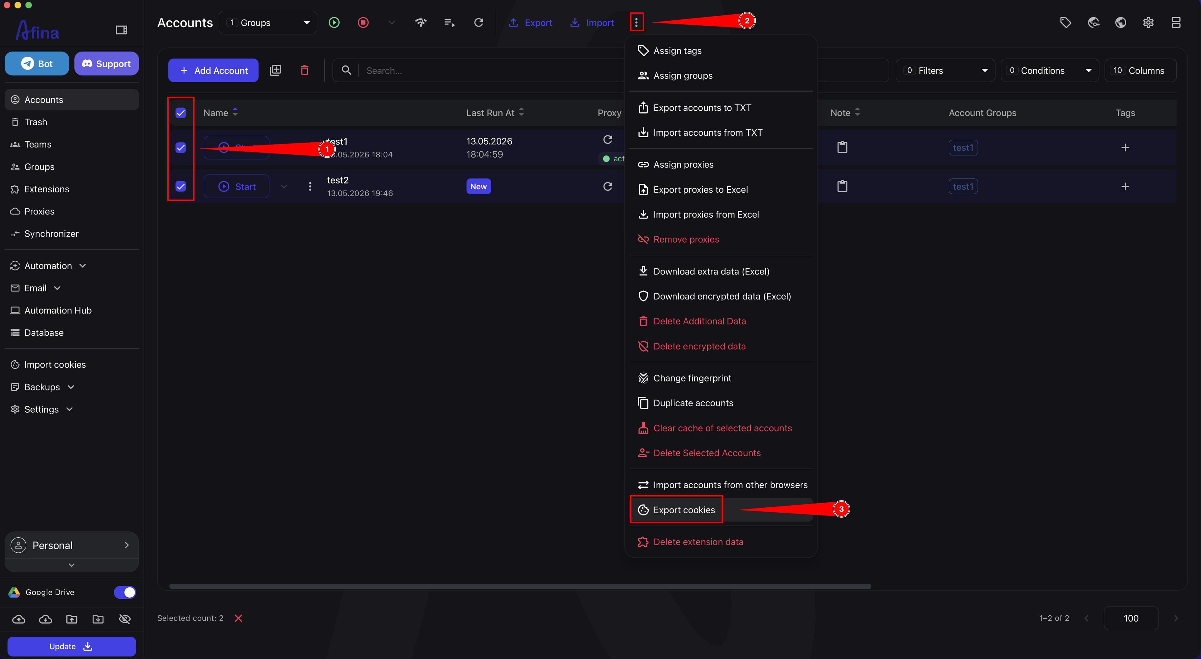 Accounts page with the selected profiles and the open actions menu on the top panel