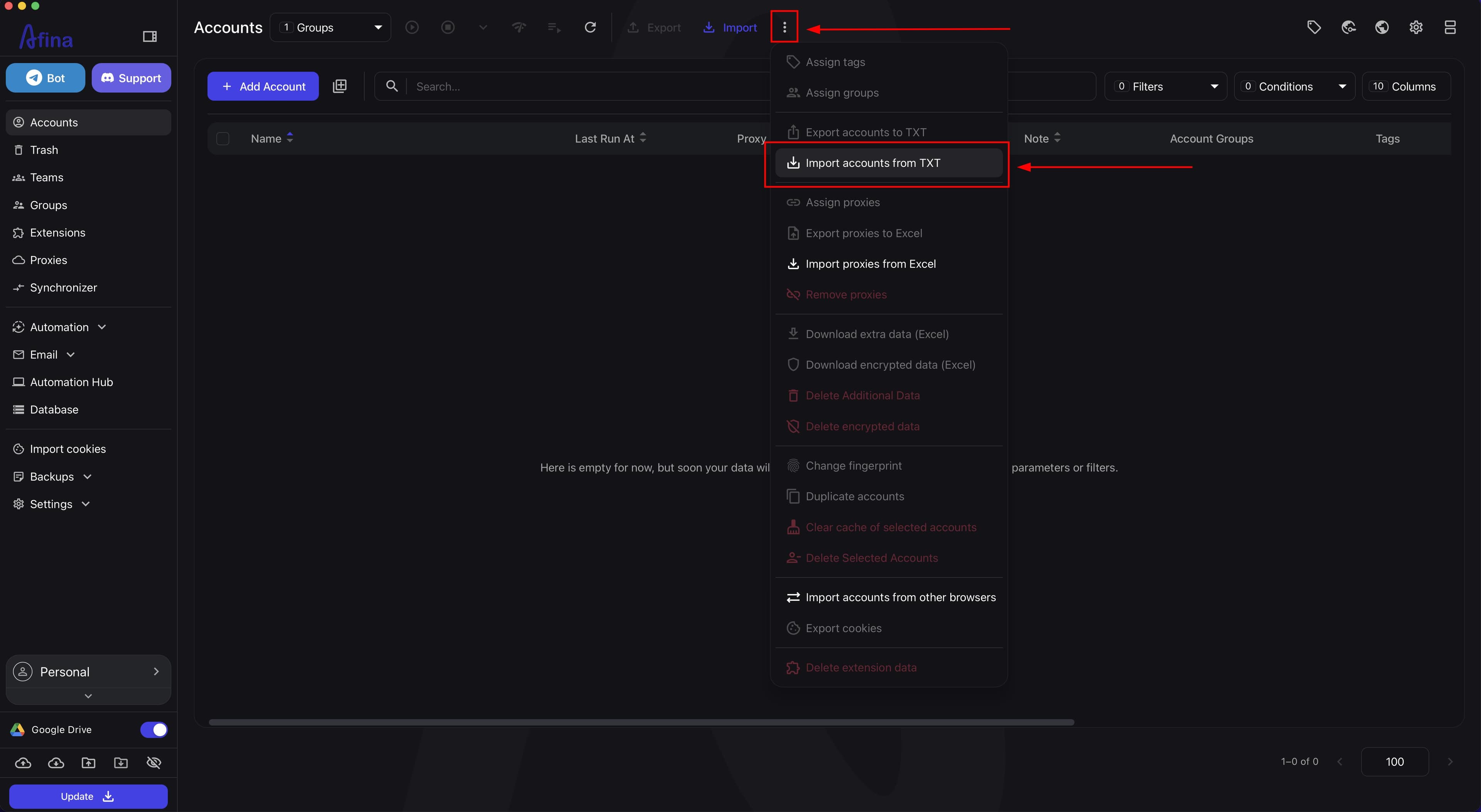 Actions menu with the Import accounts from TXT item