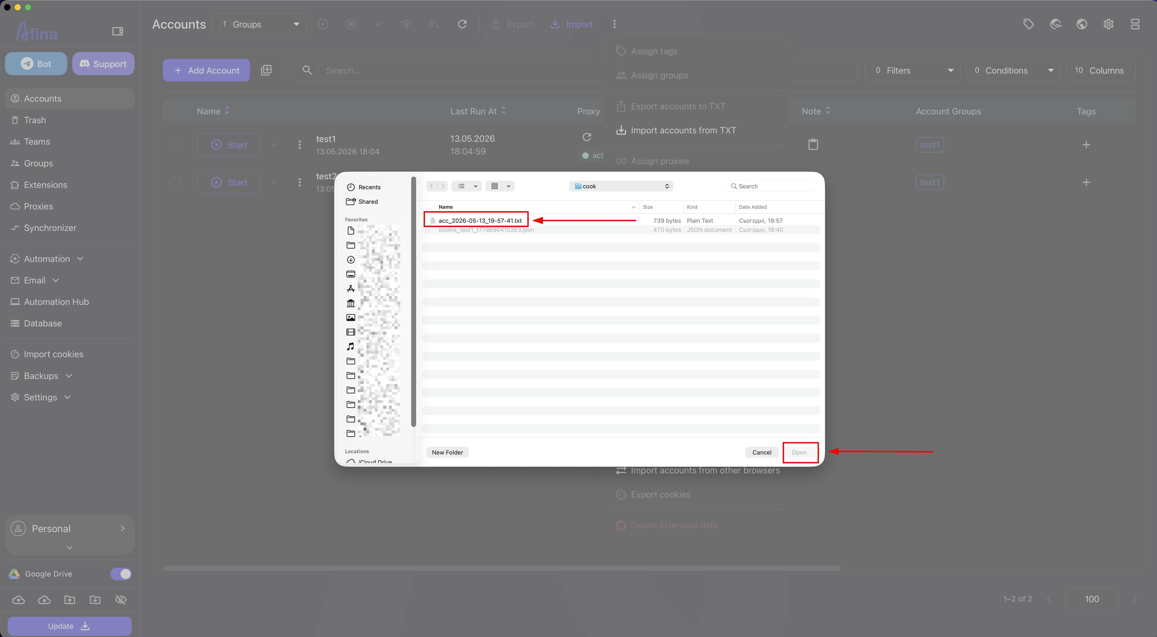 TXT file selection window and the Open button for confirming the import
