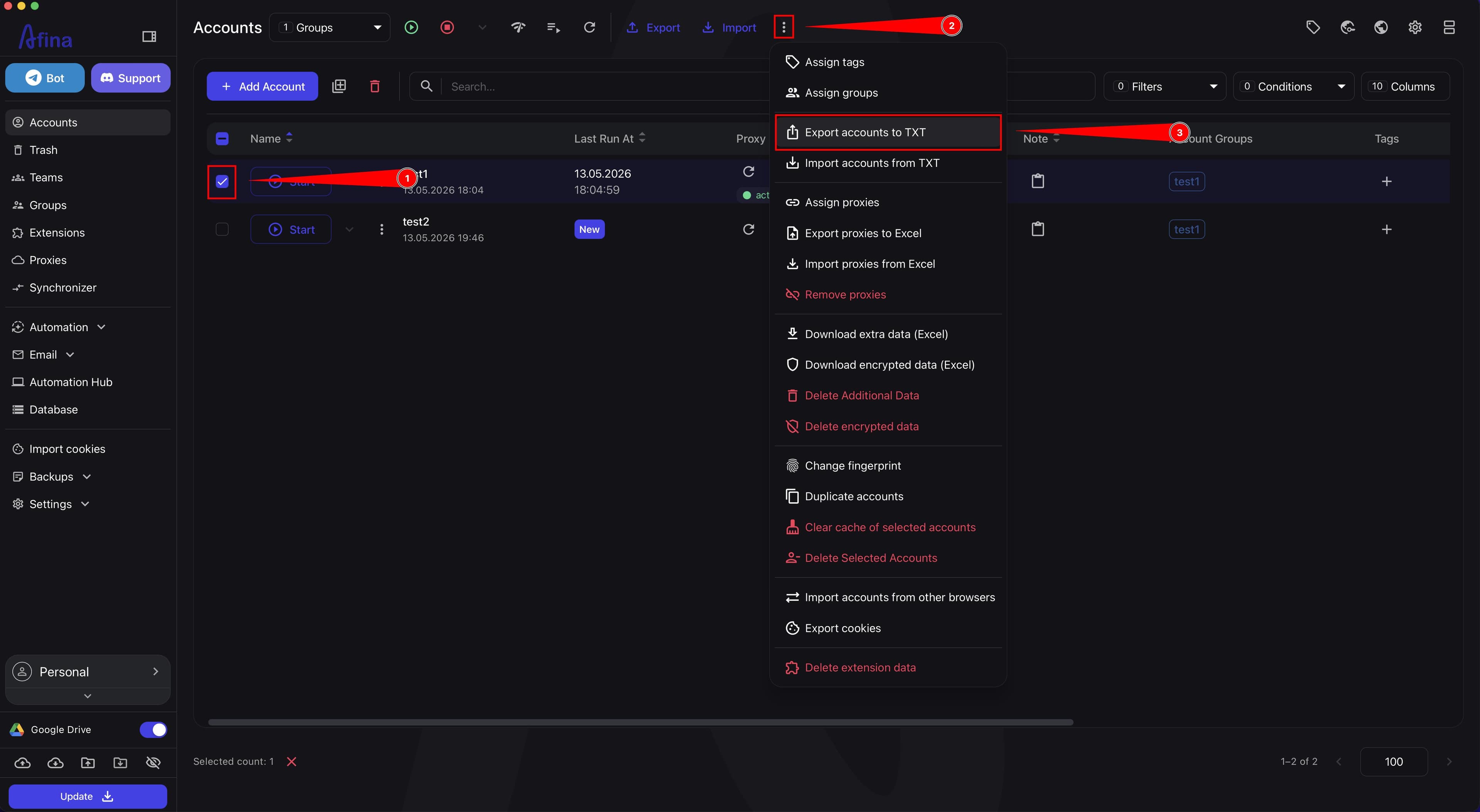 Actions menu with the Import accounts from TXT item